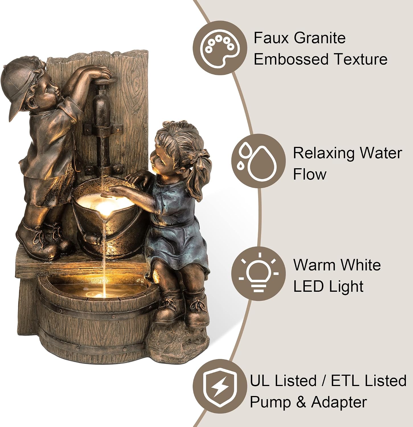 Glitzhome Outdoor Water Fountain with LED Light, Children Playing with Faucet Waterfall Fountains, Antique Bronze Resin Boy and Girl Statue Outdoor Waterfall Fountain for Patio Backyard Garden, 25'H
