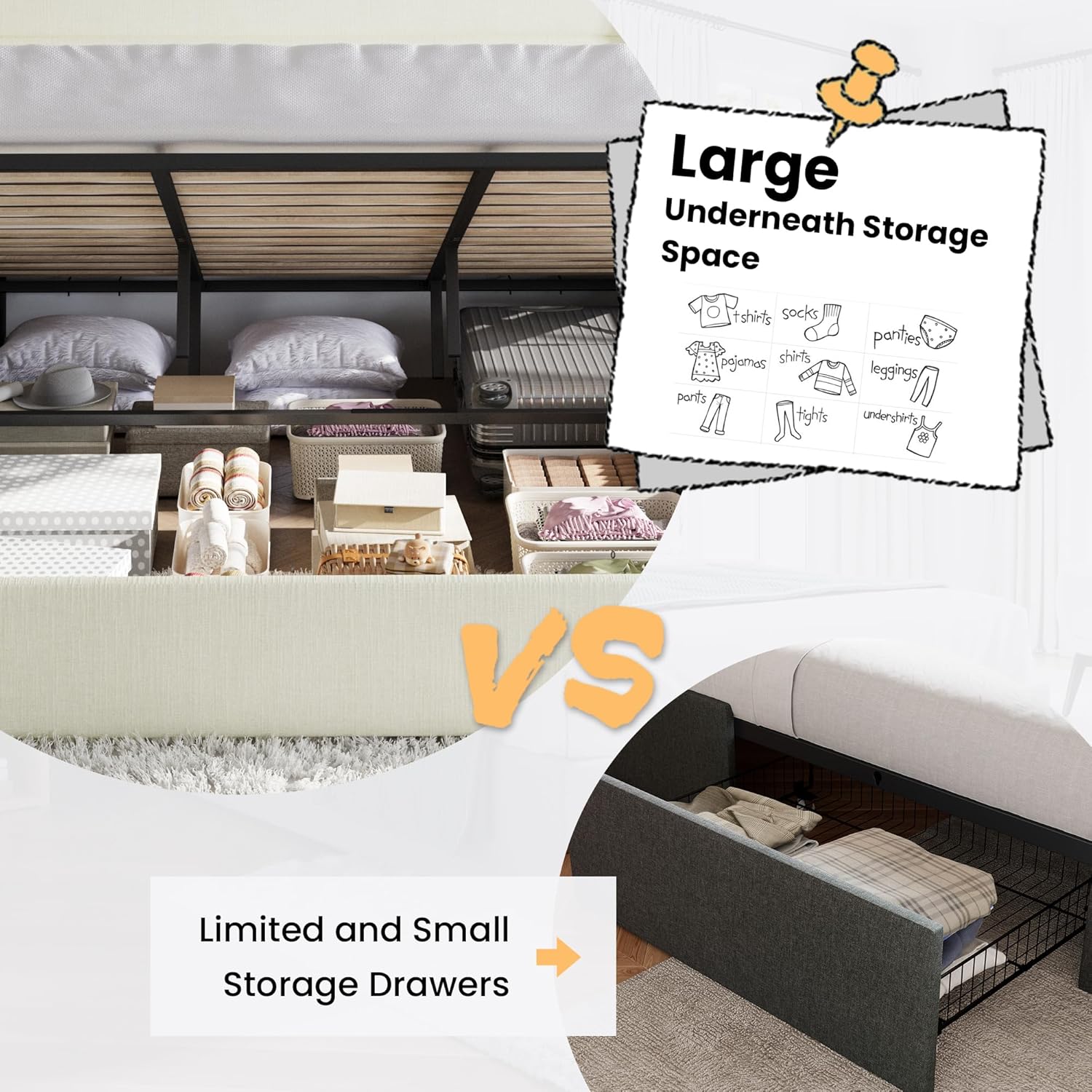 SHA CERLIN King Size Lift Up Storage Bed/Chenille Fabric Upholstered/Modern Wingback Headboard/Platform Bed Frame/Hydraulic Storage/No Box Spring Needed/Wood Slats Support/Cream