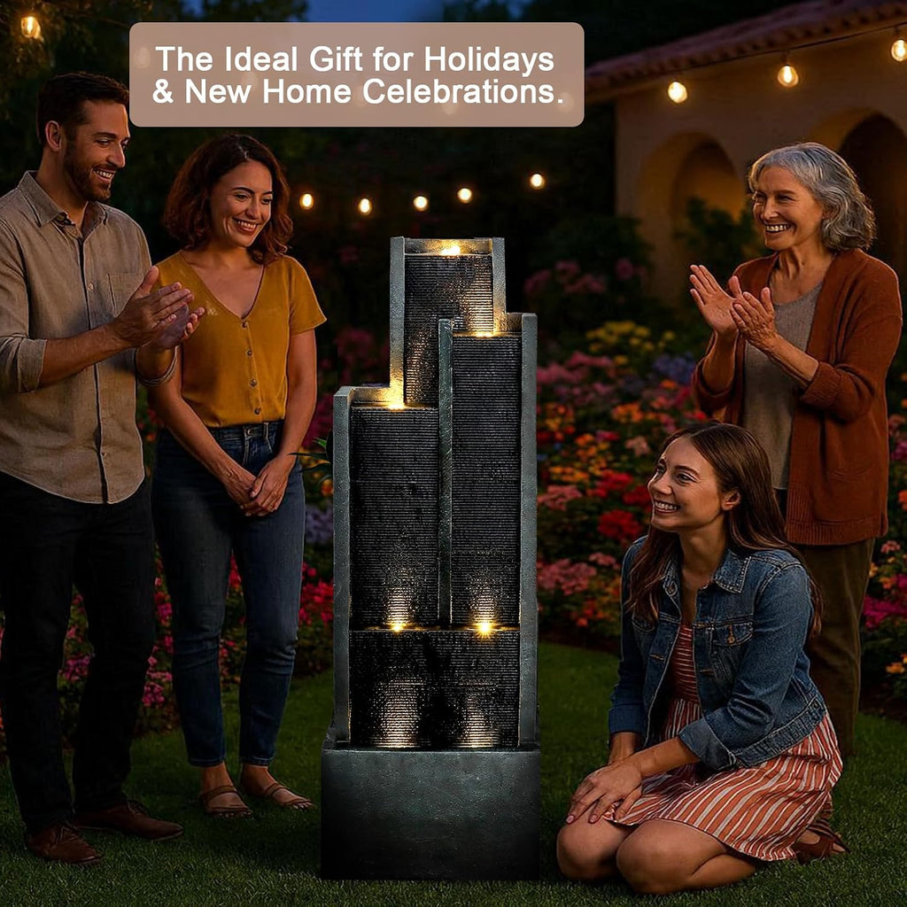 Naturefalls 50.7-Inch Tall Outdoor Water Fountain with LED Lights and Pump, Modern Resin Floor Standing Cascading Waterfall Fountain for Garden Patio Backyard