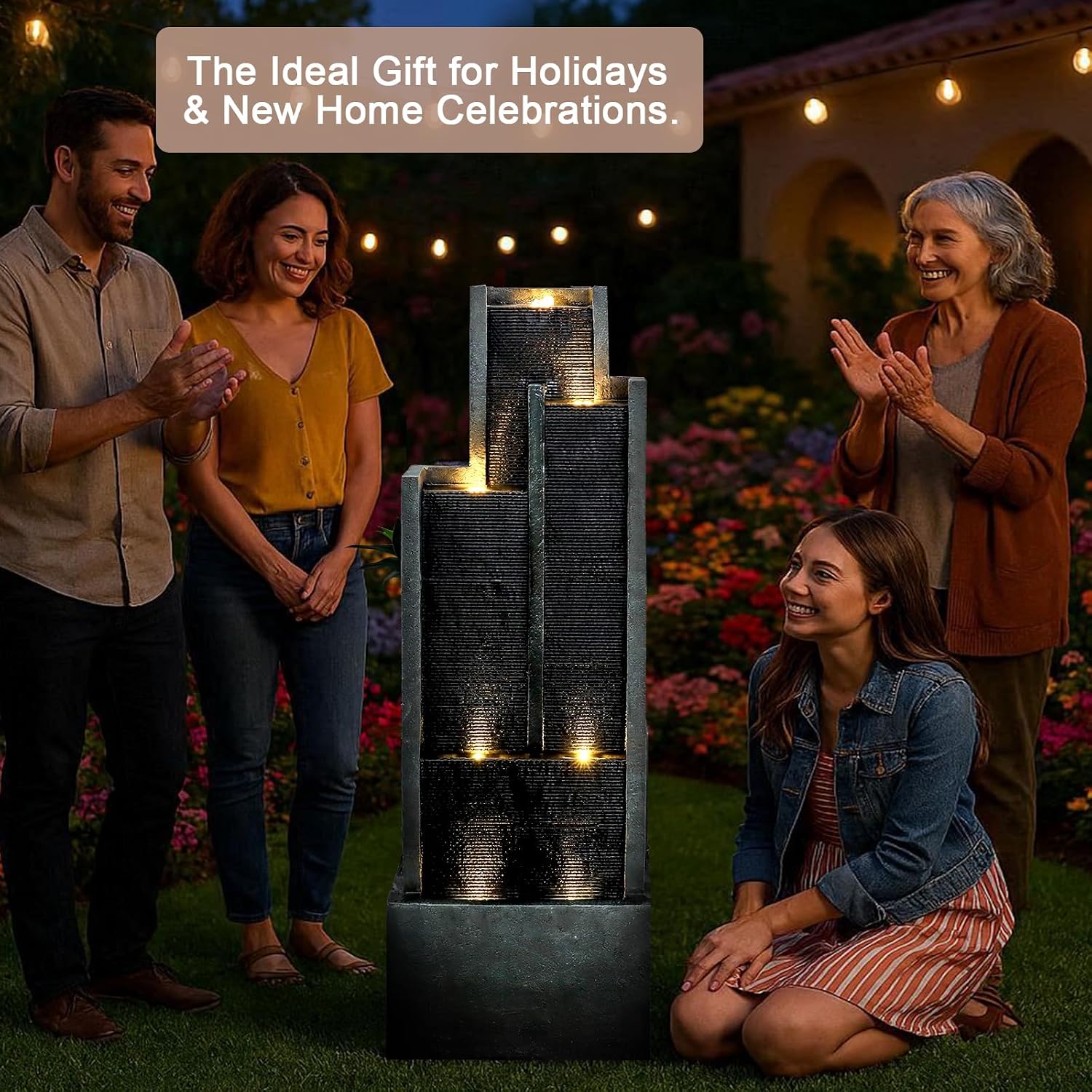 Naturefalls 50.7-Inch Tall Outdoor Water Fountain with LED Lights and Pump, Modern Resin Floor Standing Cascading Waterfall Fountain for Garden Patio Backyard