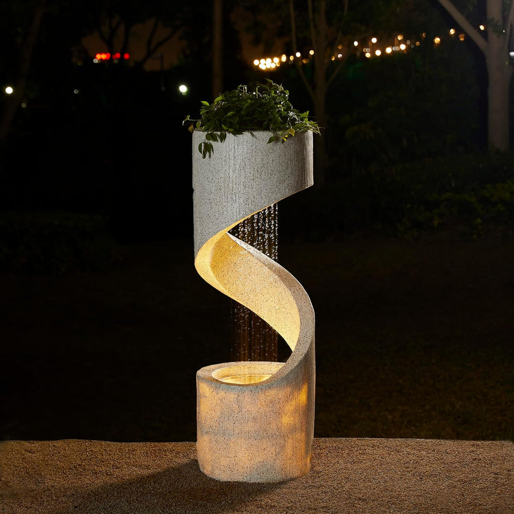 Glitzhome Outdoor Water Fountain with LED Light, Modren Curved Waterfall Fountain with Stone Planter, Faux Terrazzo Spiral Shaped Outdoor Fountains Water Feature for Garden Patio Deck Porch, 40.25'H