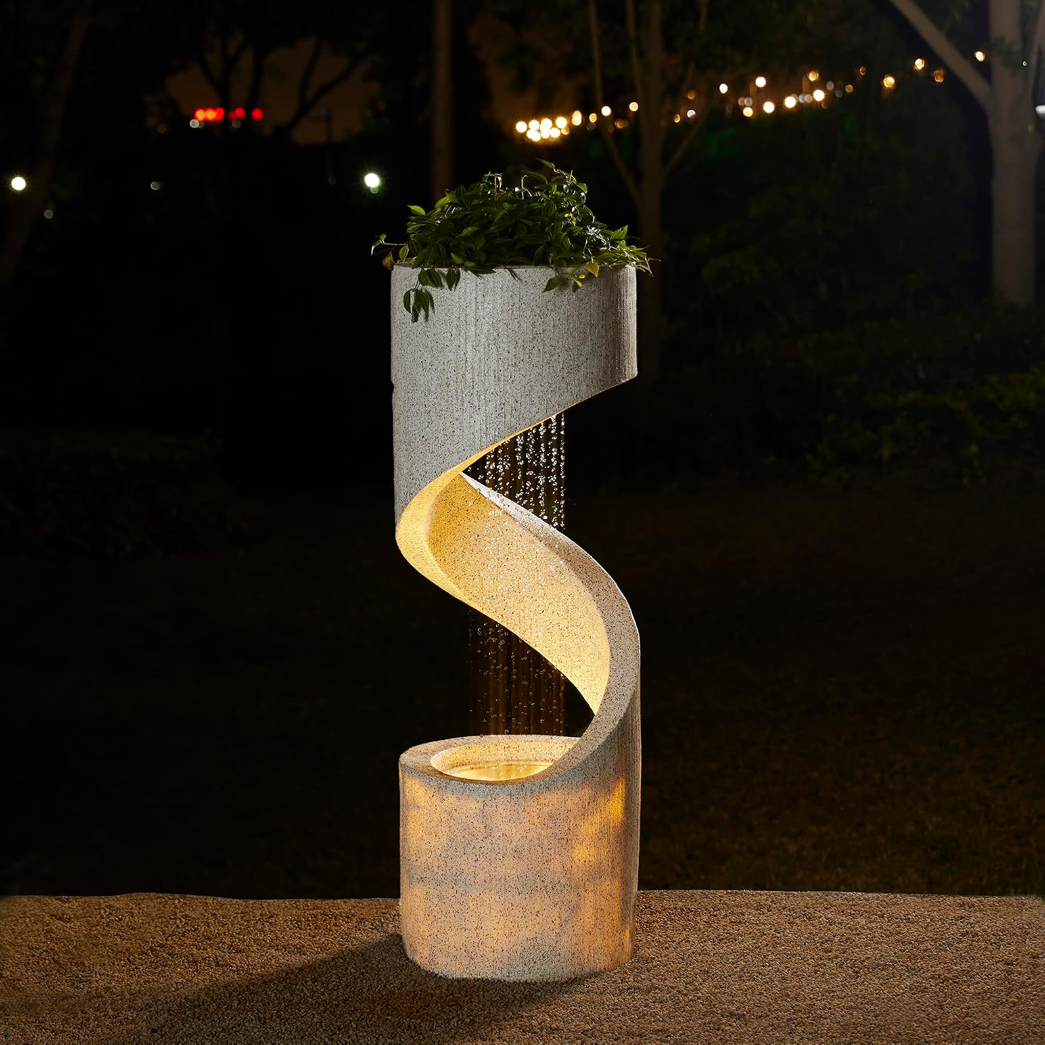 Glitzhome Outdoor Water Fountain with LED Light, Modren Curved Waterfall Fountain with Stone Planter, Faux Terrazzo Spiral Shaped Outdoor Fountains Water Feature for Garden Patio Deck Porch, 40.25'H