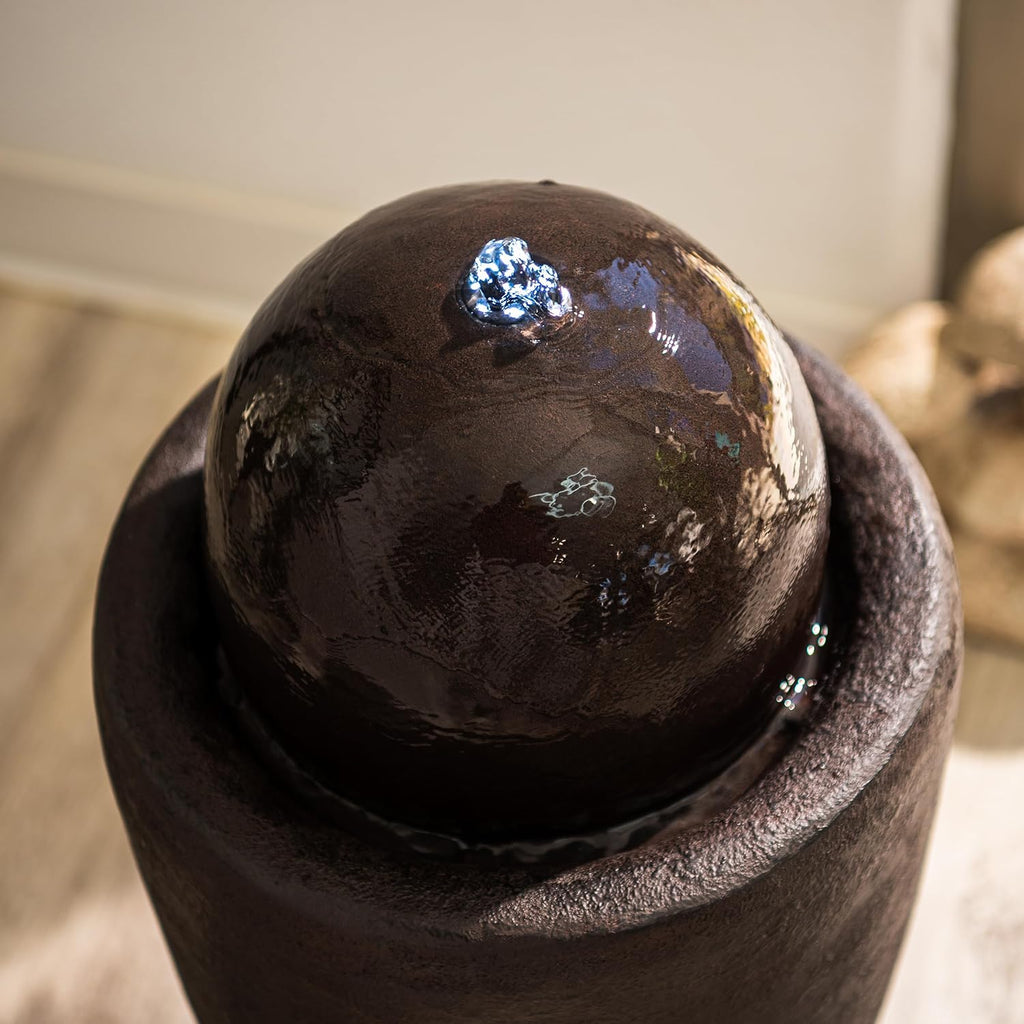 XBrand 25.98' H Round Stone Indoor/Outdoor Modern Stone Textured Sphere Water Fountain w/LED Lights, Zen Bubbling Ball Water Feature for Garden Patio Porch - Brown