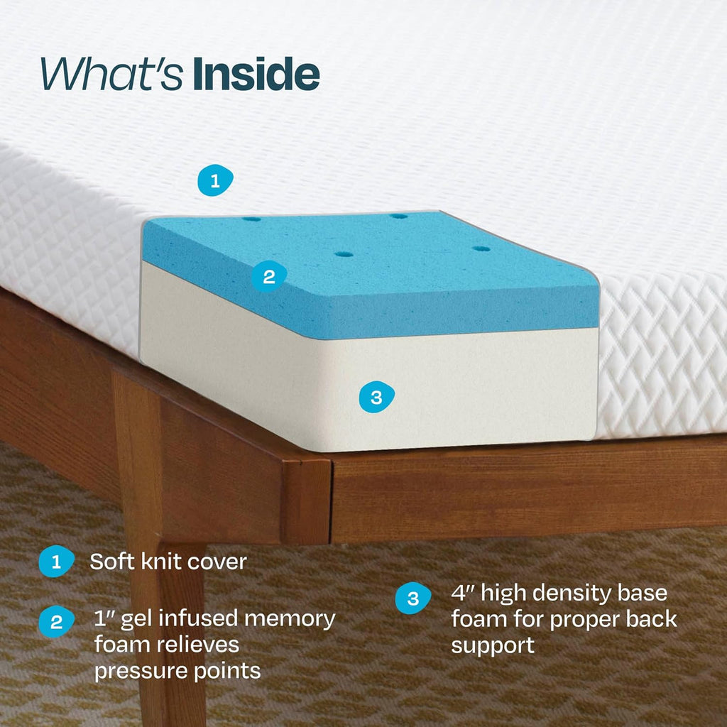 Linenspa 5 Inch Gel Infused Memory Foam Mattress - Twin XL Size - Firm - Low Profile Bed - Mattress in a Box - Youth or Kids Bed, Guest Bedroom - Pressure Relieving and Breathable - CertiPur Certified