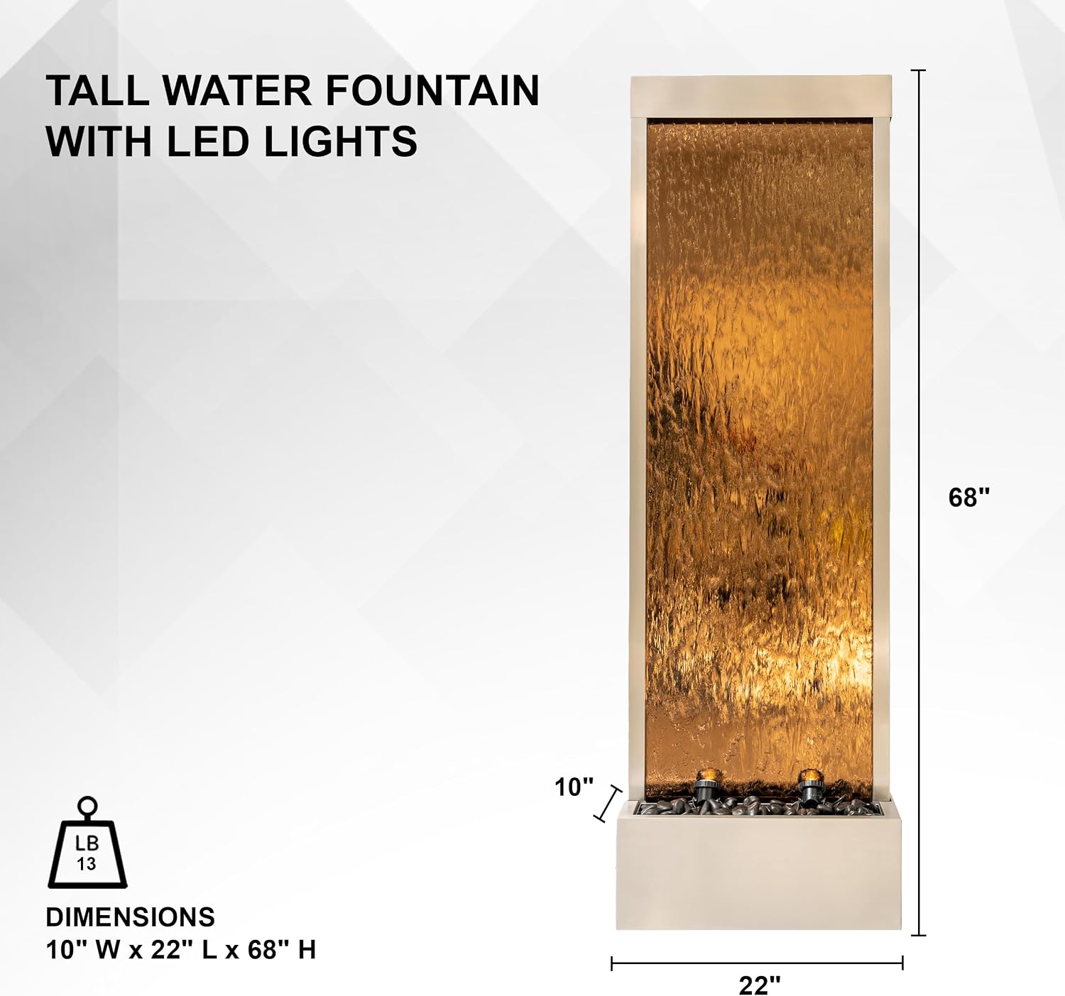 Xbrand Fountain 68' Freestanding Modern Indoor/Outdoor Waterfall Fountain w/Decorative Rocks, LED Lights & Auto-Shut Off Pump, Silver Frame and Brown Glass