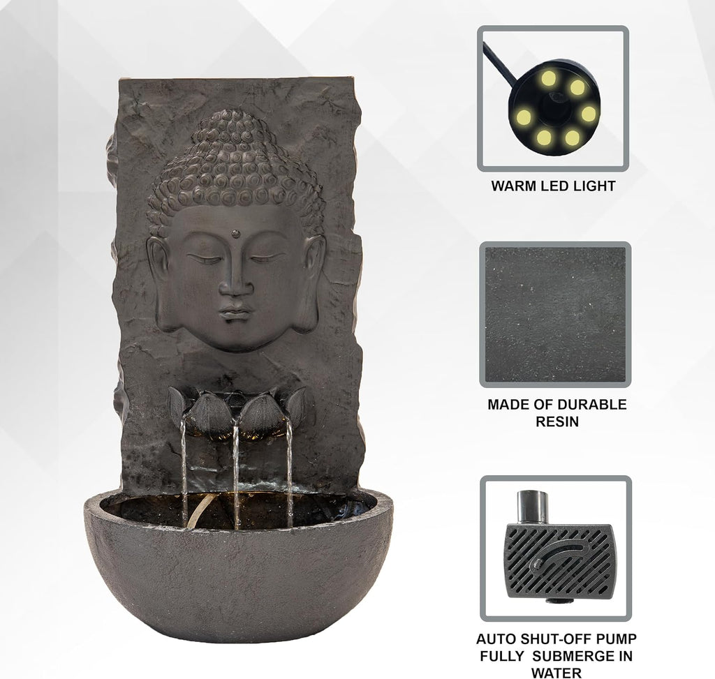 XBrand 30 in H Buddha Zen Indoor/Outdoor Wall Water Fountain, Cascading Resin Garden Fountain with Warm LED Light, Soothing Water Feature for Patio, Porch, Backyard or Meditation Decor, Black