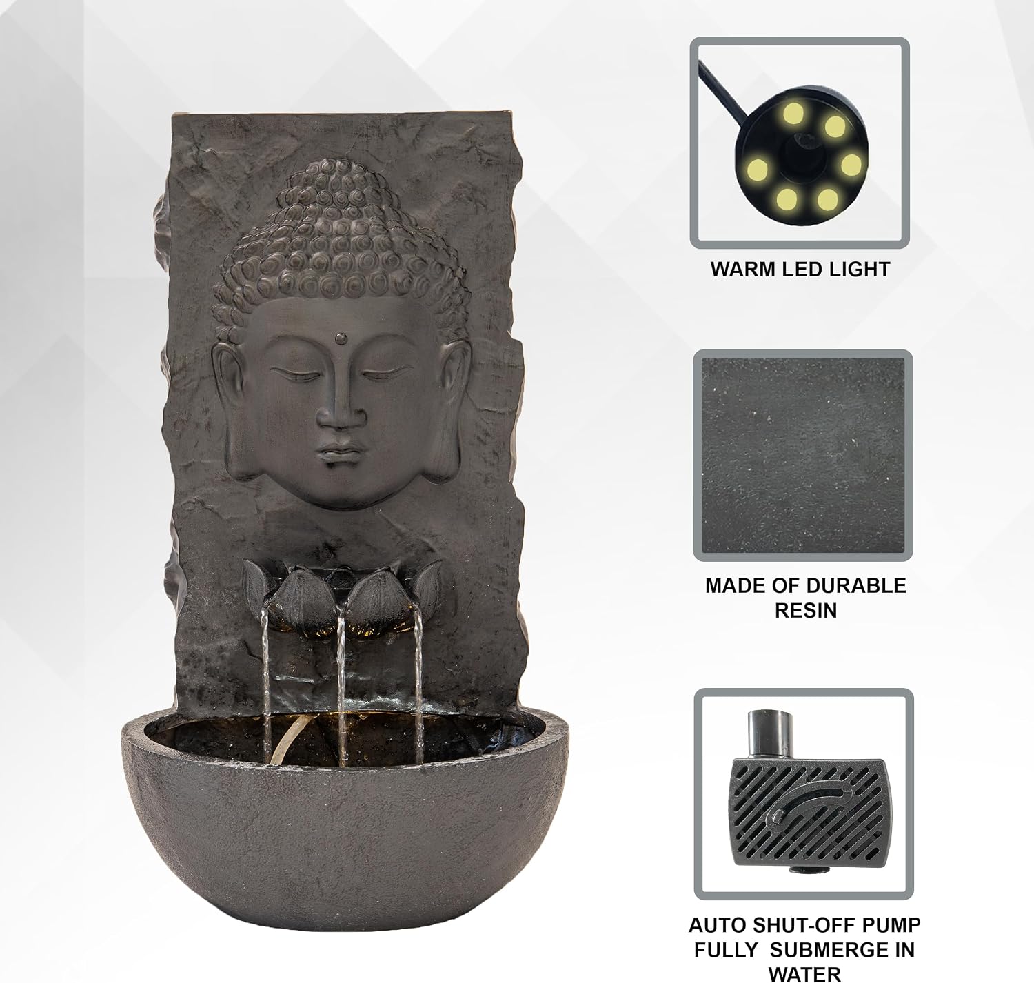 XBrand 30 in H Buddha Zen Indoor/Outdoor Wall Water Fountain, Cascading Resin Garden Fountain with Warm LED Light, Soothing Water Feature for Patio, Porch, Backyard or Meditation Decor, Black