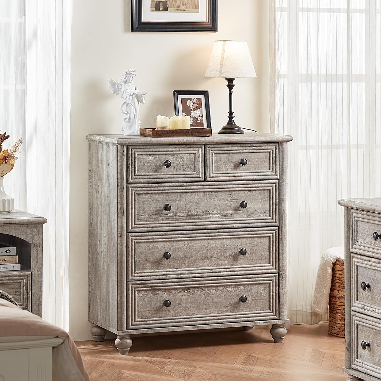 Farmhouse Dressers & Night Stand Set of 3, Wood 54' Wide 7 Drawer Dresser & 35.5'Tall Chest of Drawers, 18' with Charging Station Nightstand, Bedroom Furniture Dresser Set for Home Living Room Hallway