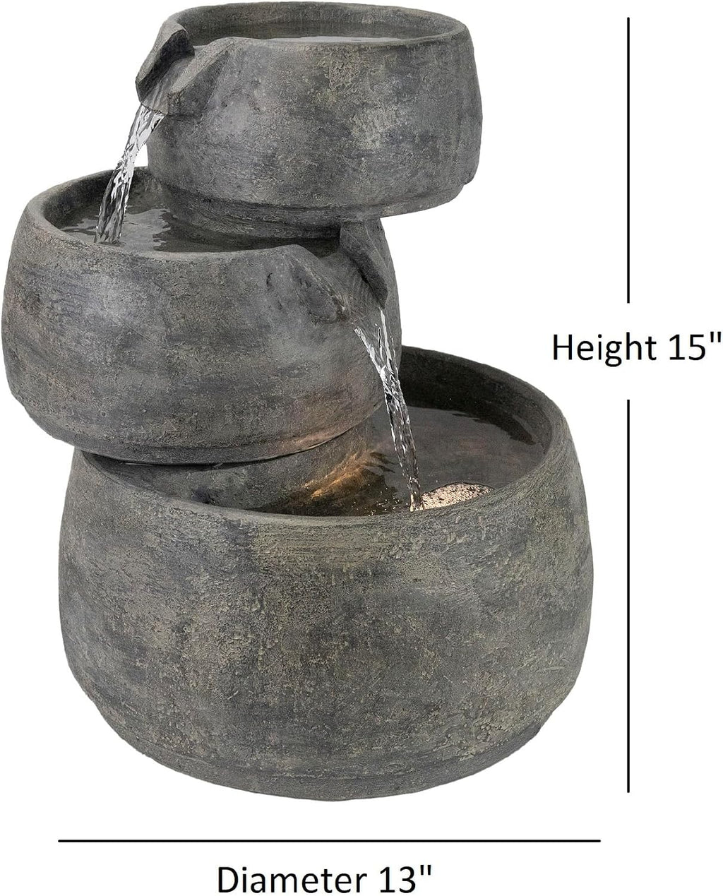 Classic Home and Garden Indoor/Outdoor Poly-Resin Tabletop Fountain, 3-Tier Cascading Water Fountain with LED Light – Weathered Stone Look, 15'' H