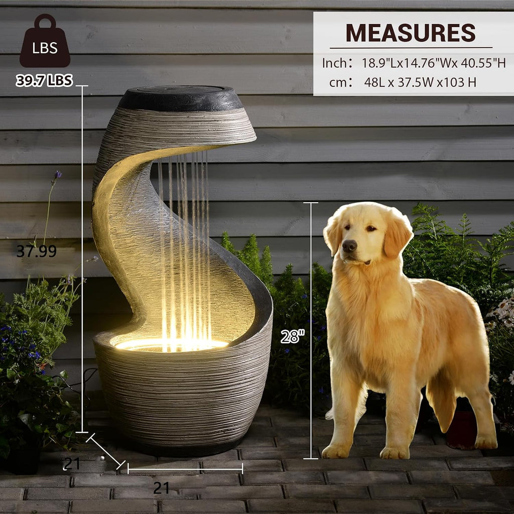 37' S-Shaped Outdoor Water Fountain with LED Lights, Modern Resin Cascading Waterfall Feature for Garden, Patio, Backyard or Porch, Large Decorative Zen Water Feature – 21' L x 21' W x 37.9' H
