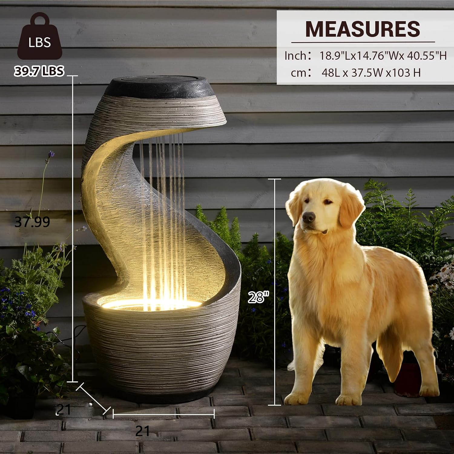 37' S-Shaped Outdoor Water Fountain with LED Lights, Modern Resin Cascading Waterfall Feature for Garden, Patio, Backyard or Porch, Large Decorative Zen Water Feature – 21' L x 21' W x 37.9' H