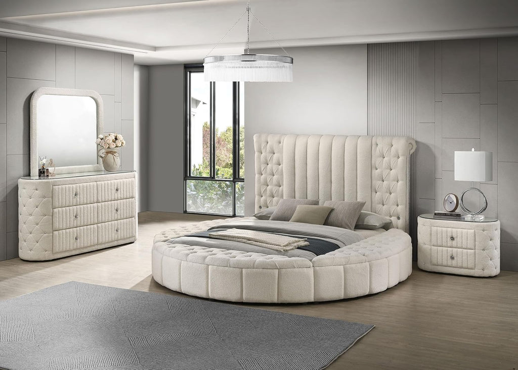 Coaster Home Furnishings - Sonya - Wood - 4-Piece Bedroom Set with Round Bed, Scroll-Back Headboard, USB Ports and Modern Classic Style - Bedroom - Queen Size - Ivory - 360111Q-S4