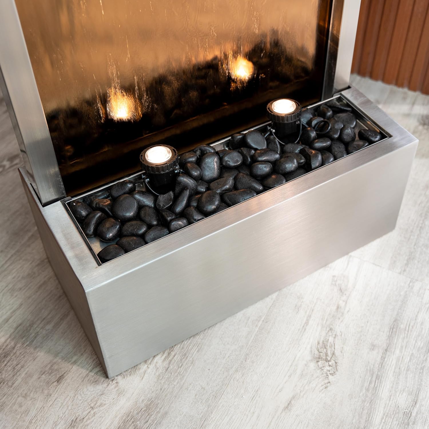 Xbrand Fountain 68' Freestanding Modern Indoor/Outdoor Waterfall Fountain w/Decorative Rocks, LED Lights & Auto-Shut Off Pump, Silver Frame and Brown Glass