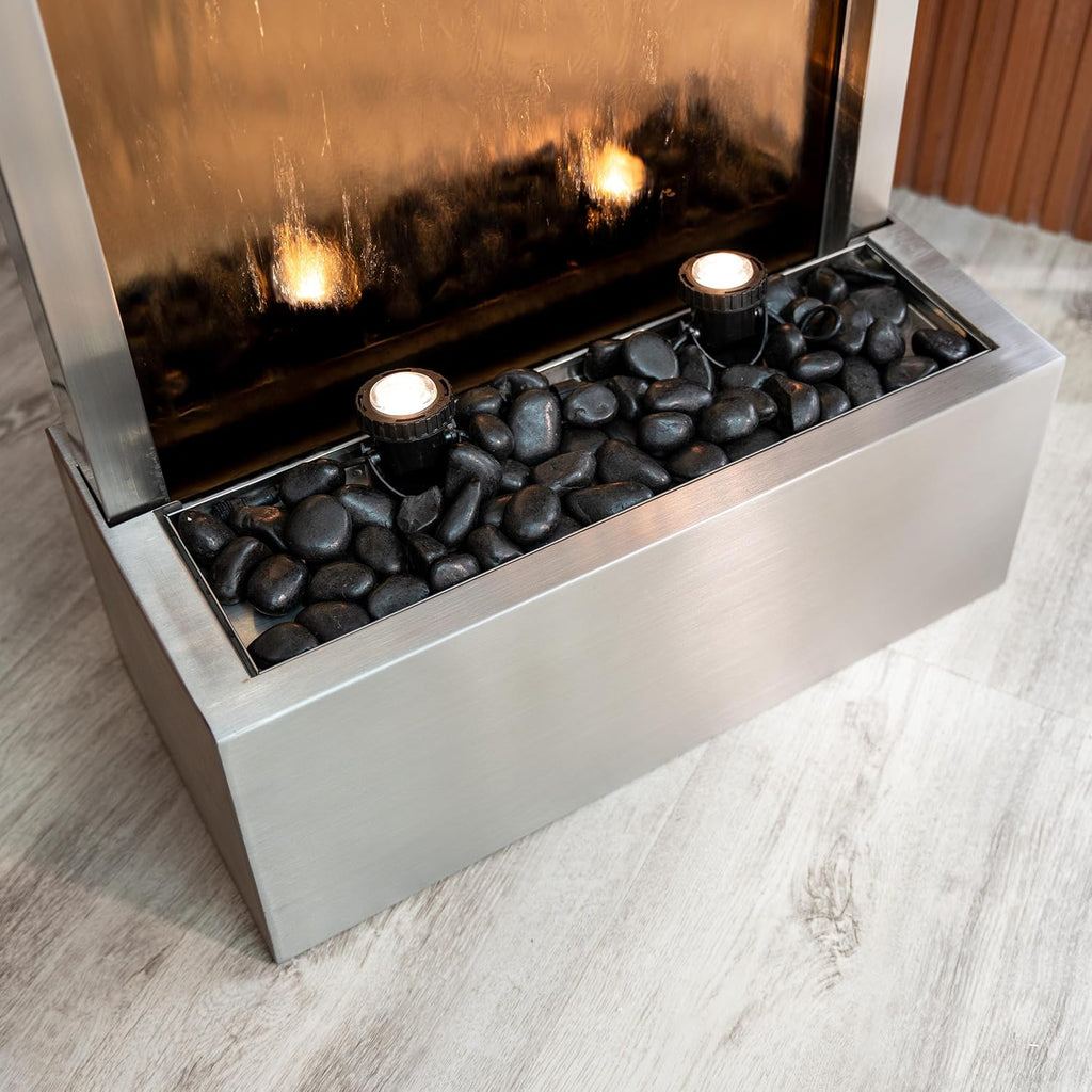 XBrand 68' H Freestanding Modern Waterfall Fountain, Aluminum & Clear Glass, LED Lights, Decorative Rocks, Auto Shut-Off Pump, Indoor/Outdoor, Bronze