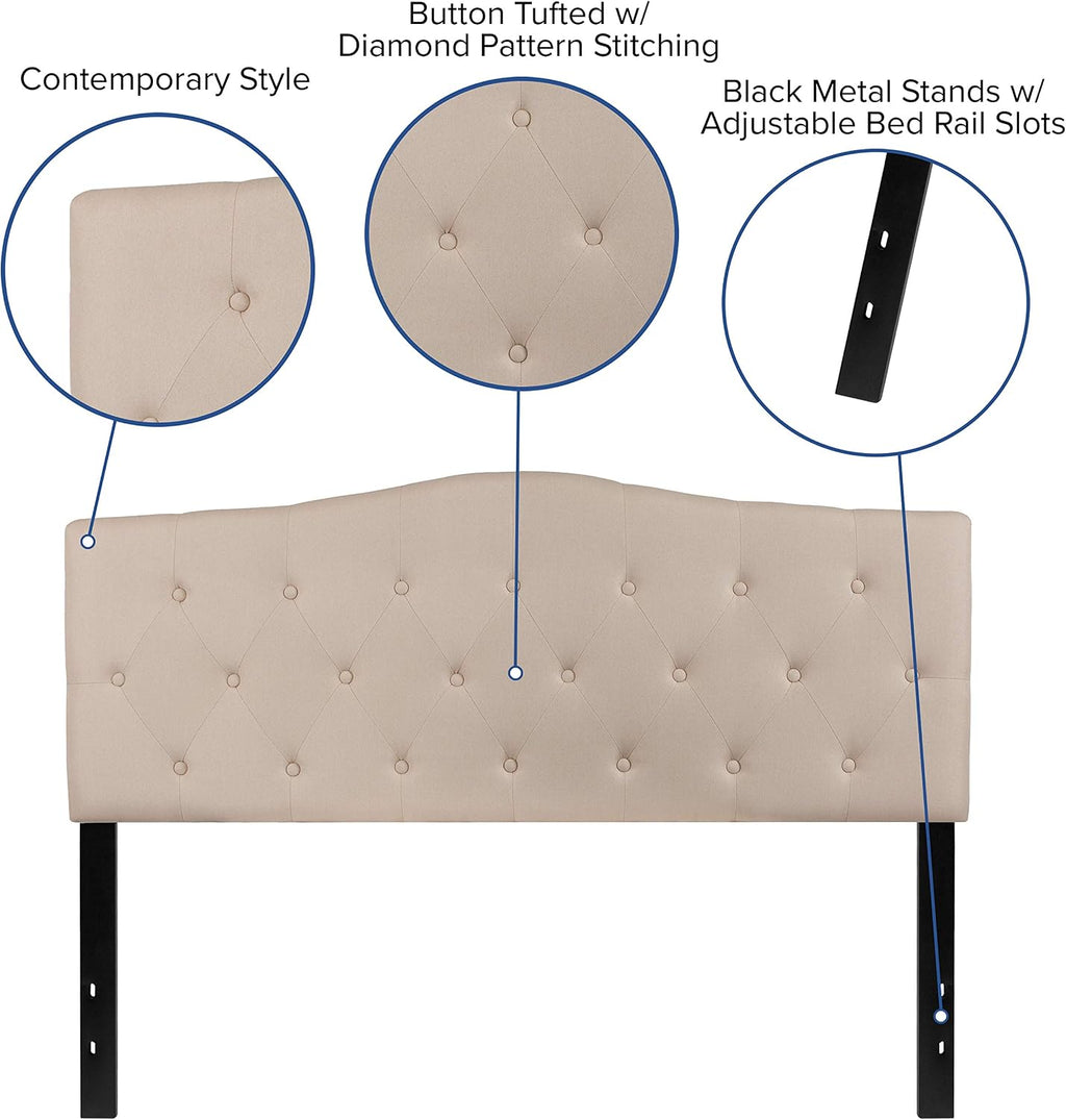 EMMA + OLIVER Tufted Upholstered Queen Size Headboard in Beige Fabric