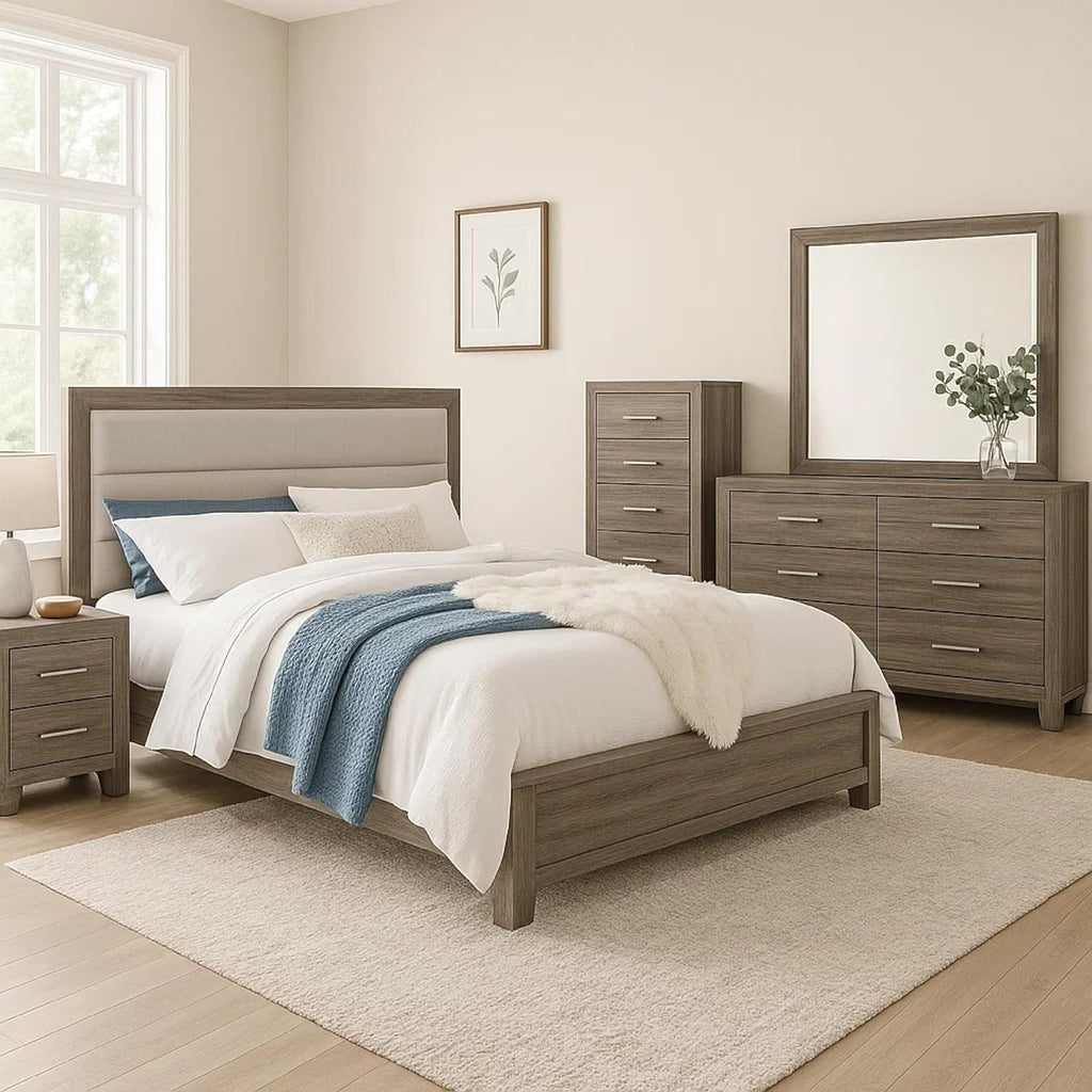 Benzara Reay 5 Piece Queen Bedroom Set with Dressers, Upholstered, Gray Brown