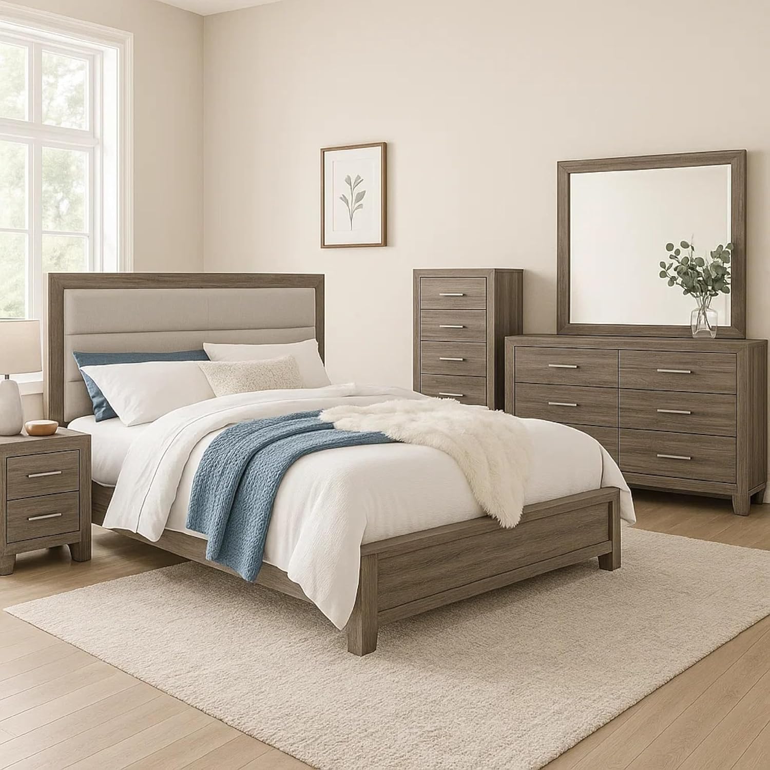 Benzara Reay 5 Piece Queen Bedroom Set with Dressers, Upholstered, Gray Brown
