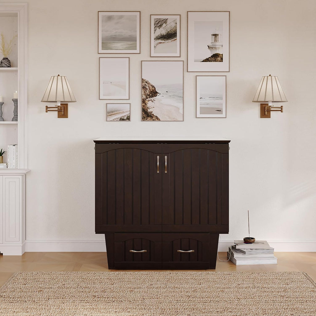 AFI, Nantucket Twin Murphy Bed Chest with Mattress, Storage Drawer and Built-In USB Charger, Espresso