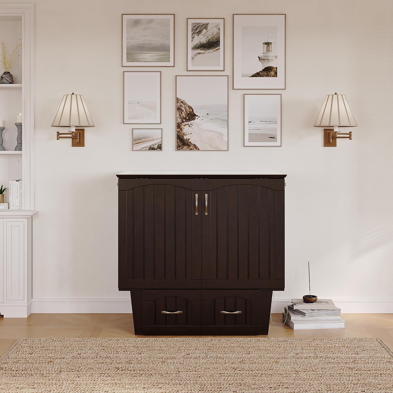 AFI, Nantucket Twin Murphy Bed Chest with Mattress, Storage Drawer and Built-In USB Charger, Espresso