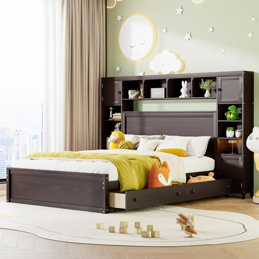 Harper & Bright Designs Espresso Queen Size Platform Bed with All-in-One Cabinet, Shelf and Sockets, Wooden Beds with 4 Storage Drawers, Queen Bed Frame for Bed Room, No Box Spring Needed