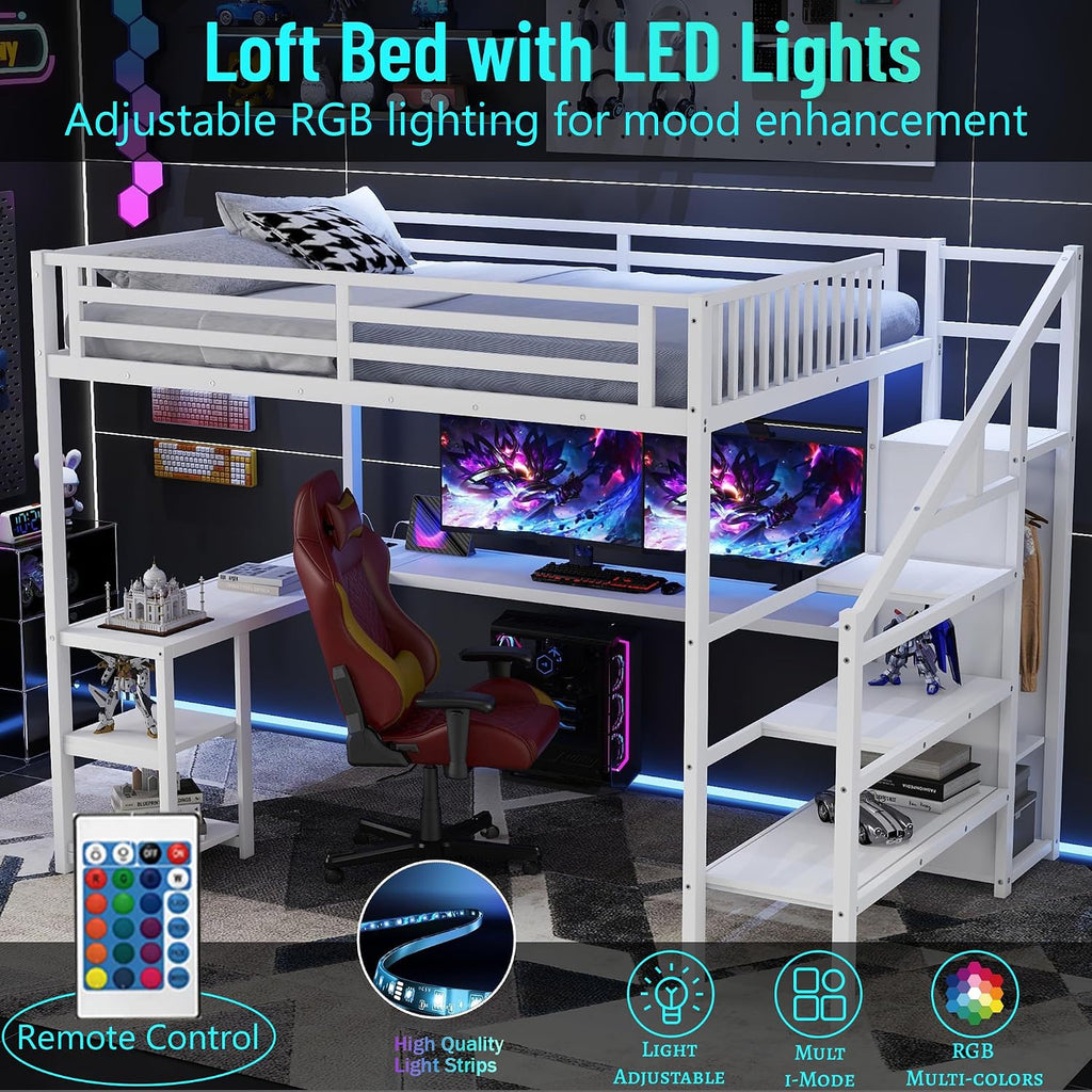 Queen Size Loft Bed with Stairs and Desk, Gaming Loft Beds with RGB LED Light and Storage Shelf, Heavy-duty Metal Loft Bed Frame with Wardrobe, Charging Station for Adults Kids Teens, White