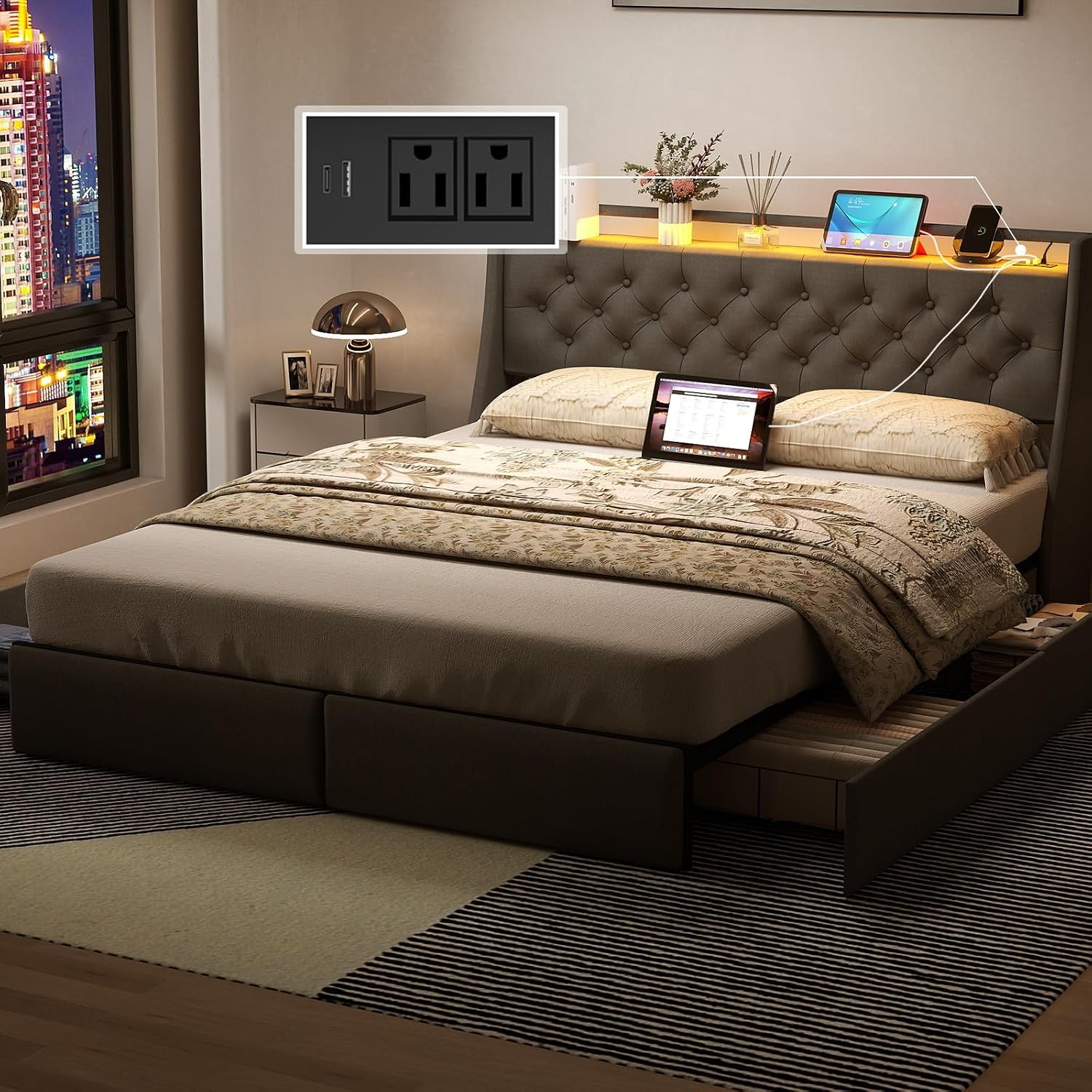 UINTAI Full Size Bed Frame with 4 Storage Drawers and LED Lights, Upholstered Platform Full Bed with Button Tufted Headboard and Charging Station, No Box Spring Needed, Easy Assembly, Gray