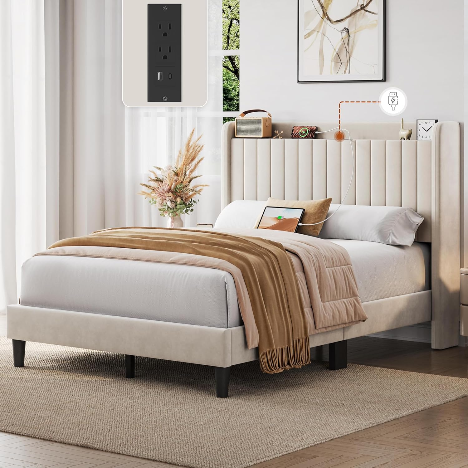 Yaheetech Full Size Bed Frame with USB Charging Station and Storage Shelf/Upholstered Headboard Platform Bed with Wing Side/Wooden Slats Support/Noise Free/No Box Spring Needed/Easy Assembly, Beige