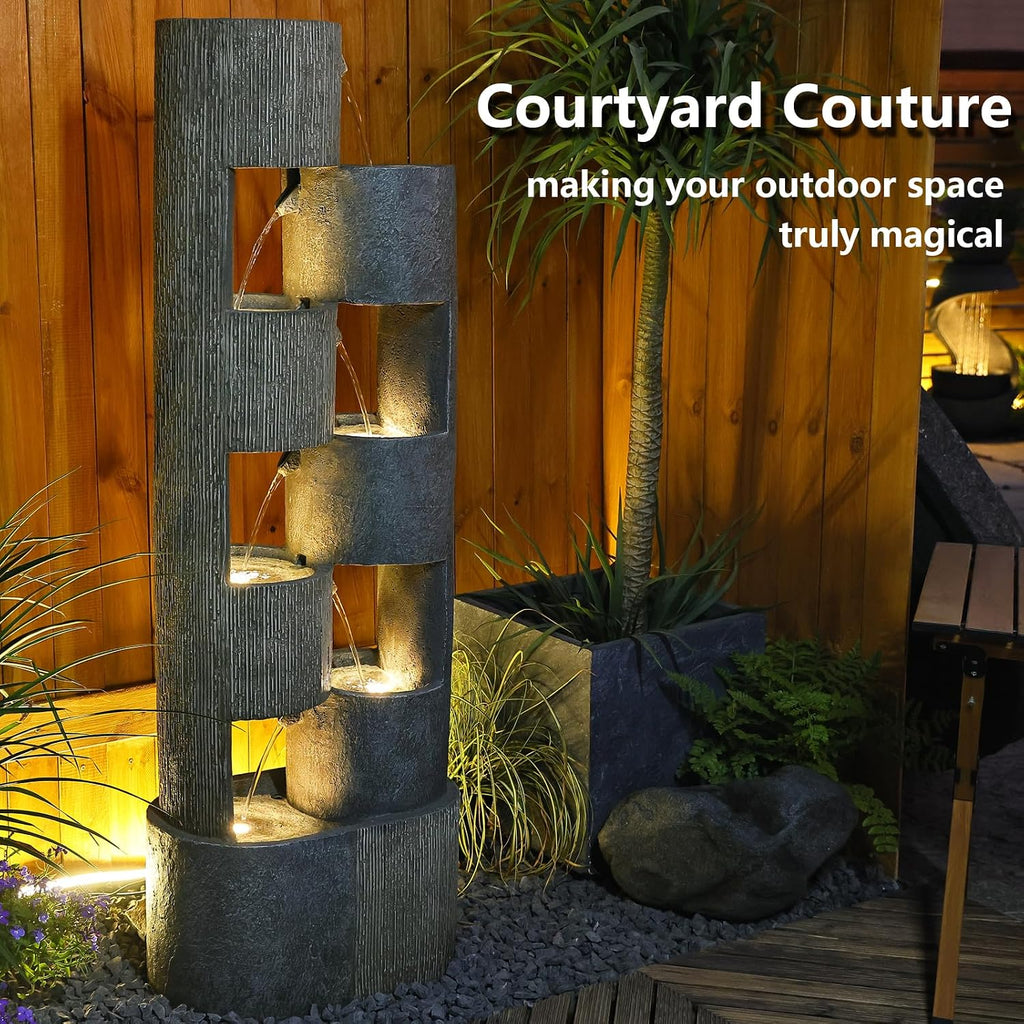 Sunlinua 51' Outdoor Water Fountain Uneven Cylinders Waterfalls Fountain Floor Standing Water Fountains with LED Lights, Pump, Natural Stones for Garden, Living Room, Patio