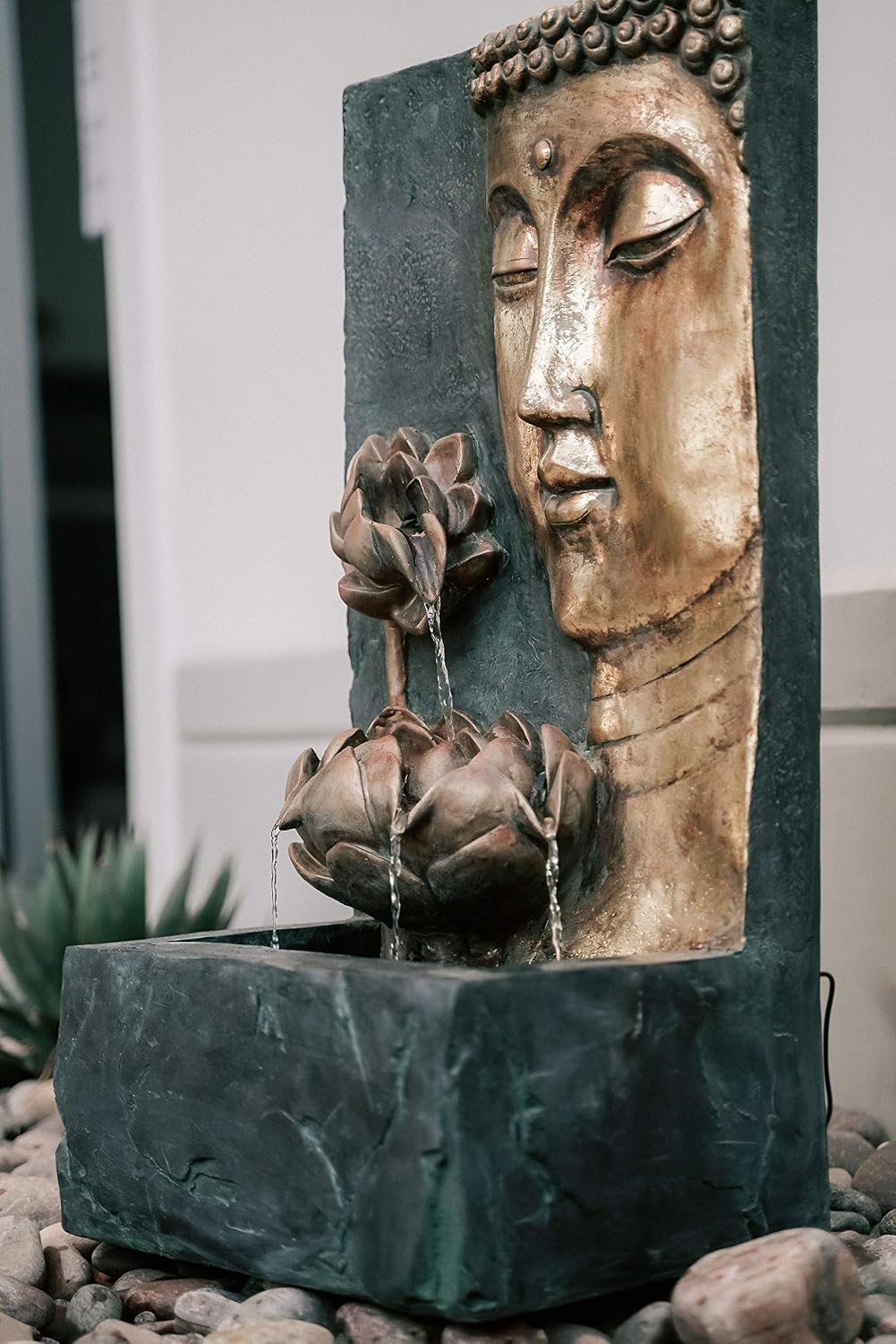 XBrand 30' H Zen Buddha Face Water Fountain w/LED Light & Pump, Indoor/Outdoor Freestanding, Relaxing Zen Décor, Bronze and Natural Grey Polyresin Fountain for Home Patio Garden Backyard
