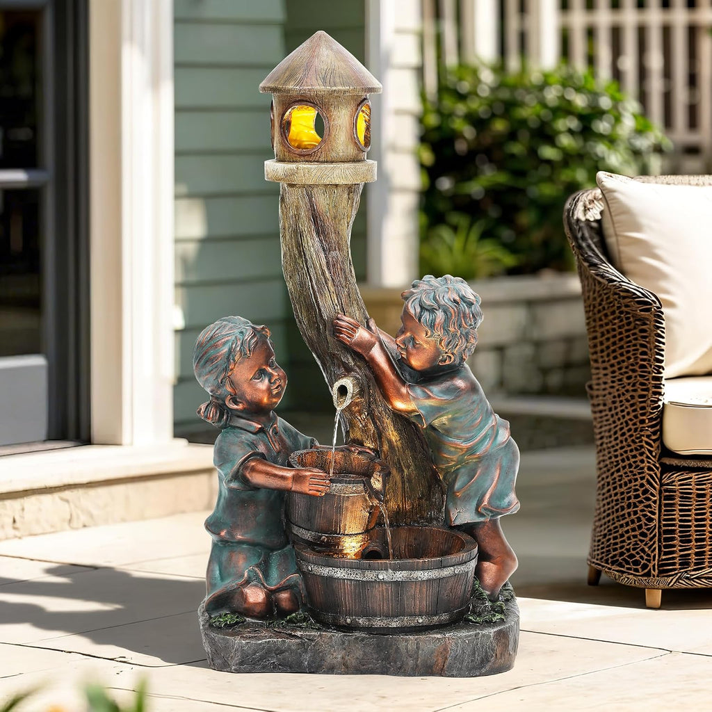 31' H Boy & Girl Outdoor Water Fountain with LED Lights, Faux Bronze Resin Statue Fountain, Wood Barrel & Pagoda Design, 3-Tier Cascading Waterfall for Serene Patio, Yard and Porch