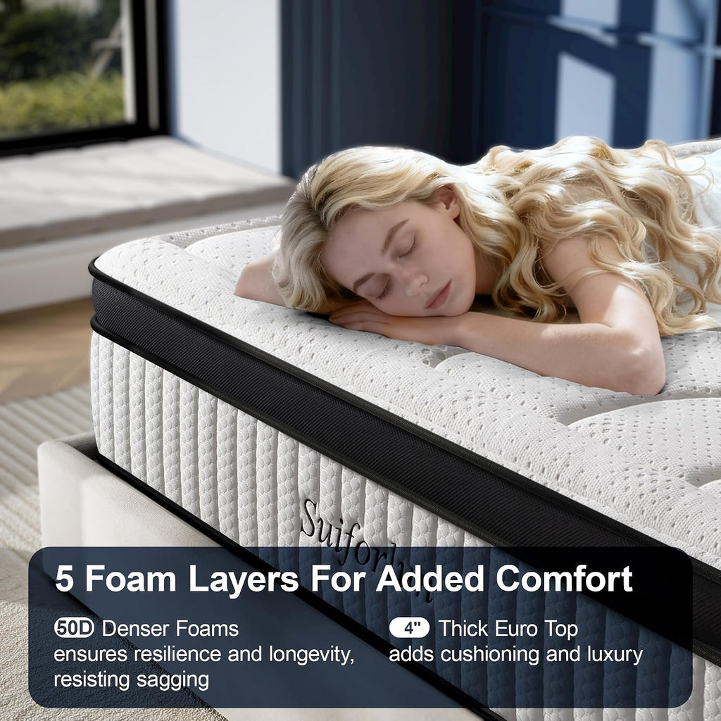 Suiforlun King Mattress, 14 Inch Hybrid Gel Memory Foam and Pocket Coils Innerspring, Euro Top Luxury King Bed Mattress with 7 Premium Layers, Pressure Relief, CertiPUR-US Certified, 80'x76'x14'