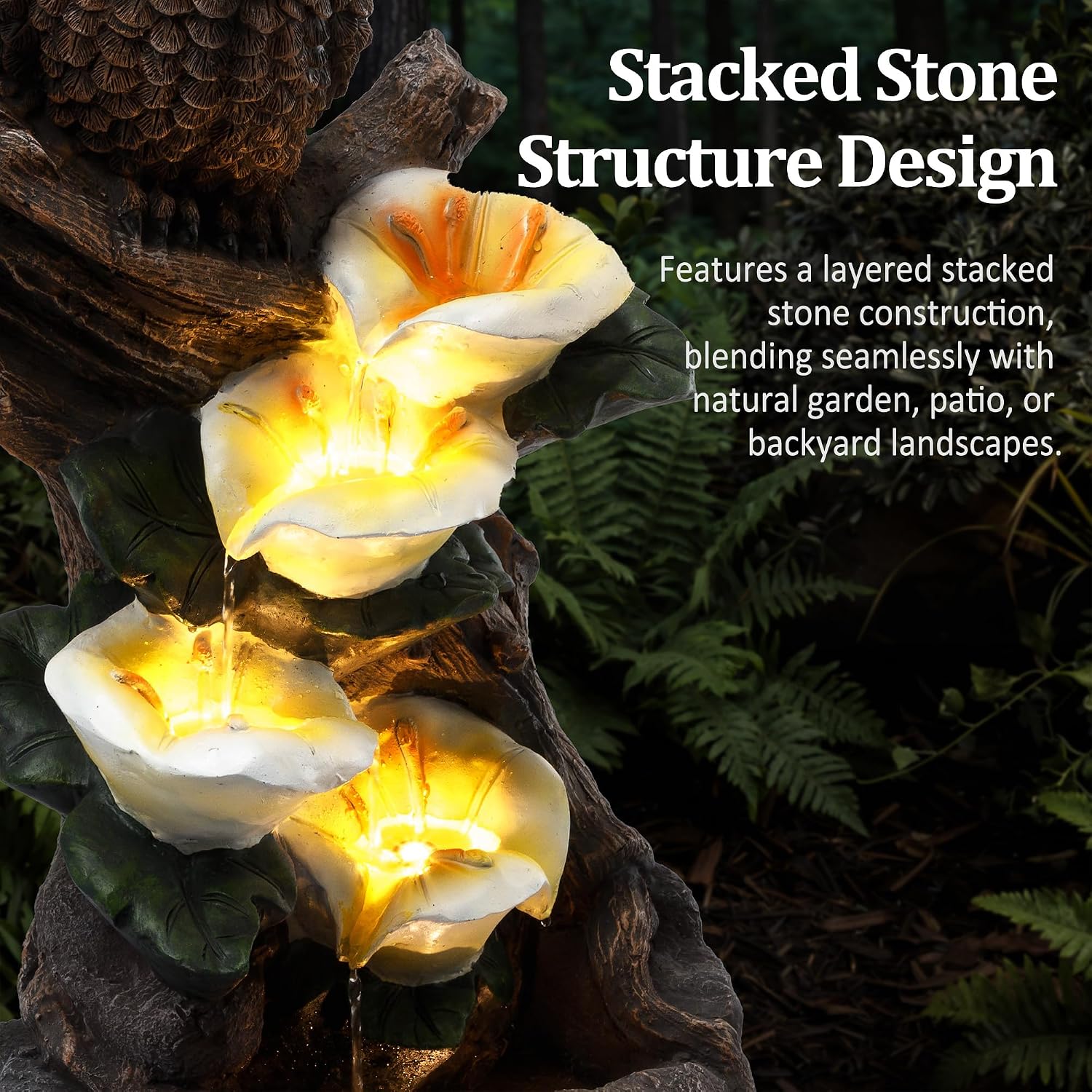 28.3' Tall Outdoor Water Fountain, 5 Tier Cascading Bowls and Stacked Water Fountain with LED Lights, for Yard Décor, Backyard, Patio and Deck (28.3'')