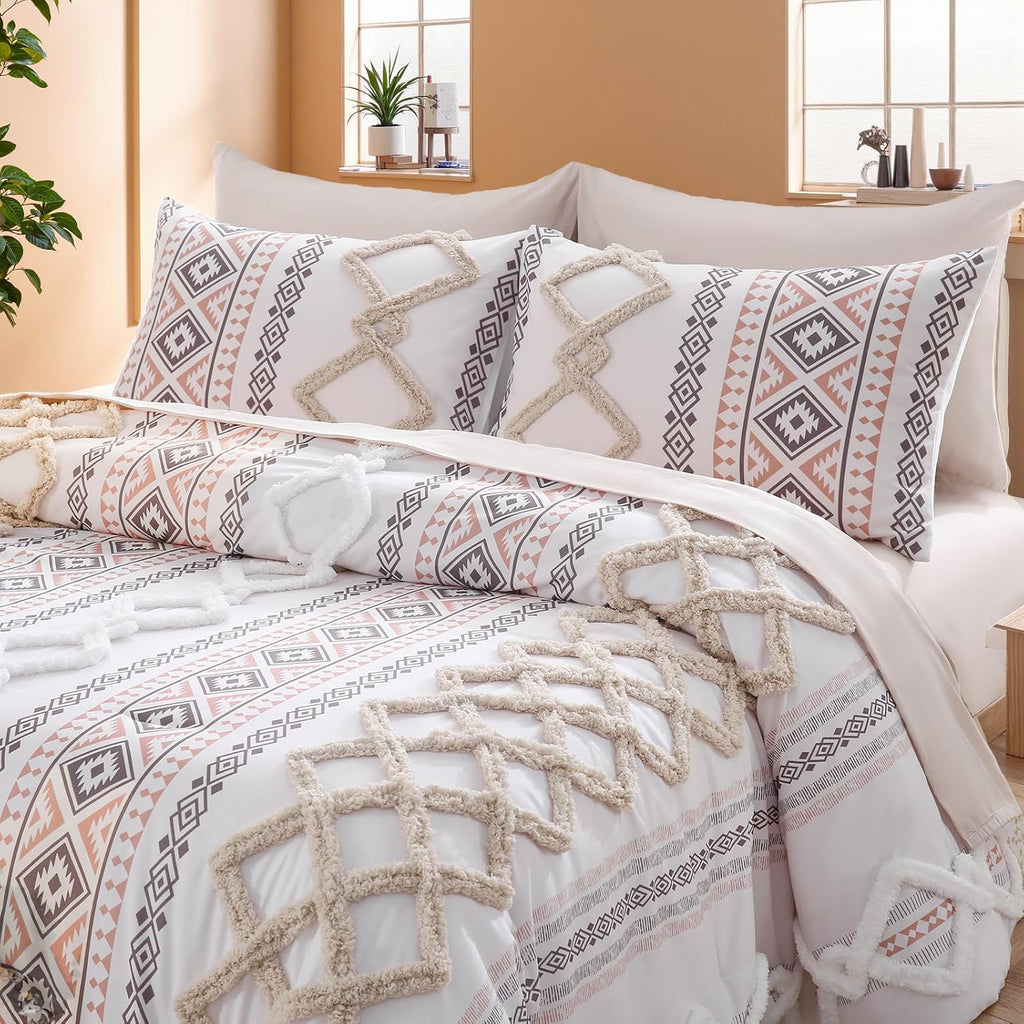 MOVE OVER Beige Tufted Comforter Set King Size 7 Pieces Boho Chic Farmhouse Bedding Set Bohemian Aztec Comforter Set and Sheet Set Modern Style Tufted Bedding Set for All Seasons