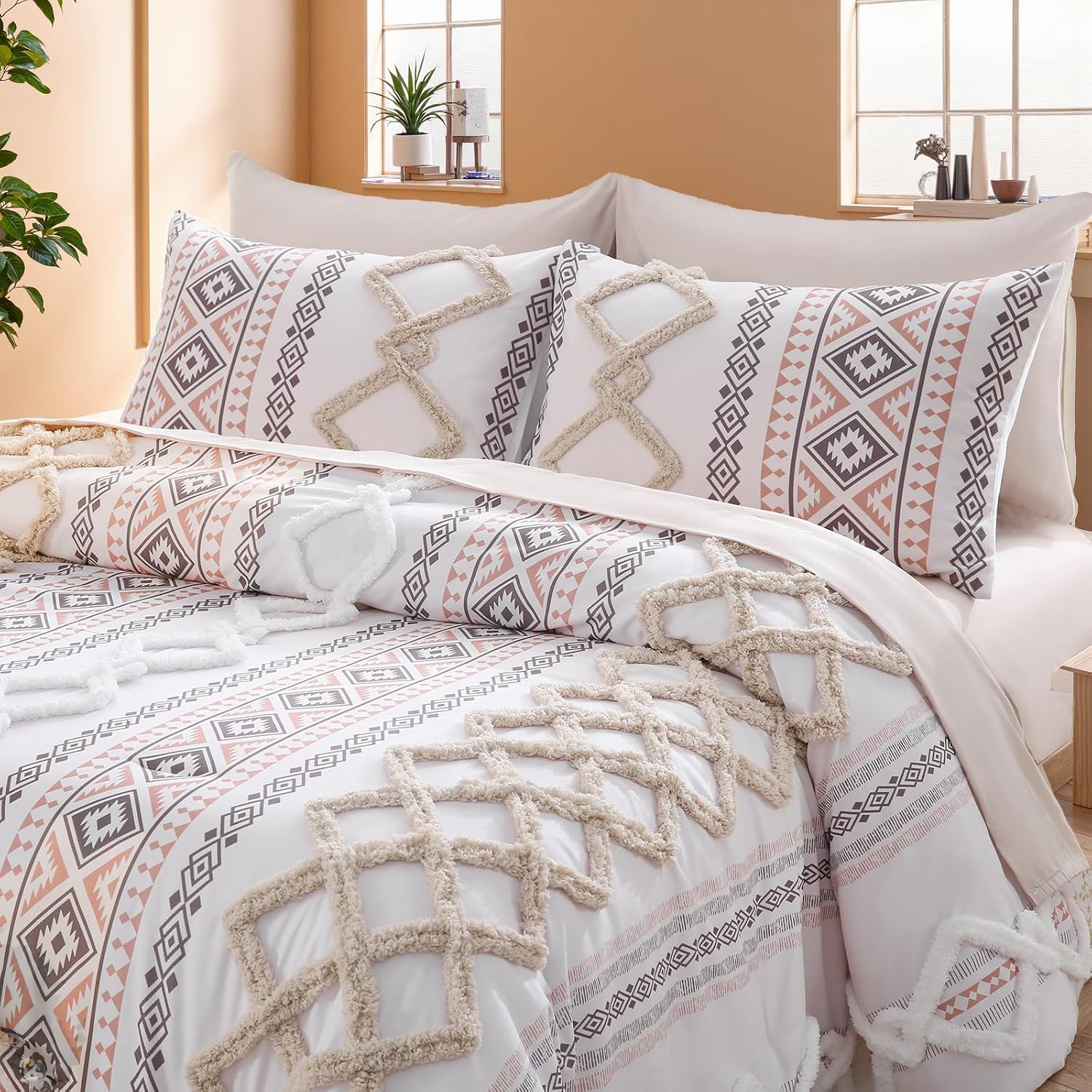 MOVE OVER Beige Tufted Comforter Set King Size 7 Pieces Boho Chic Farmhouse Bedding Set Bohemian Aztec Comforter Set and Sheet Set Modern Style Tufted Bedding Set for All Seasons