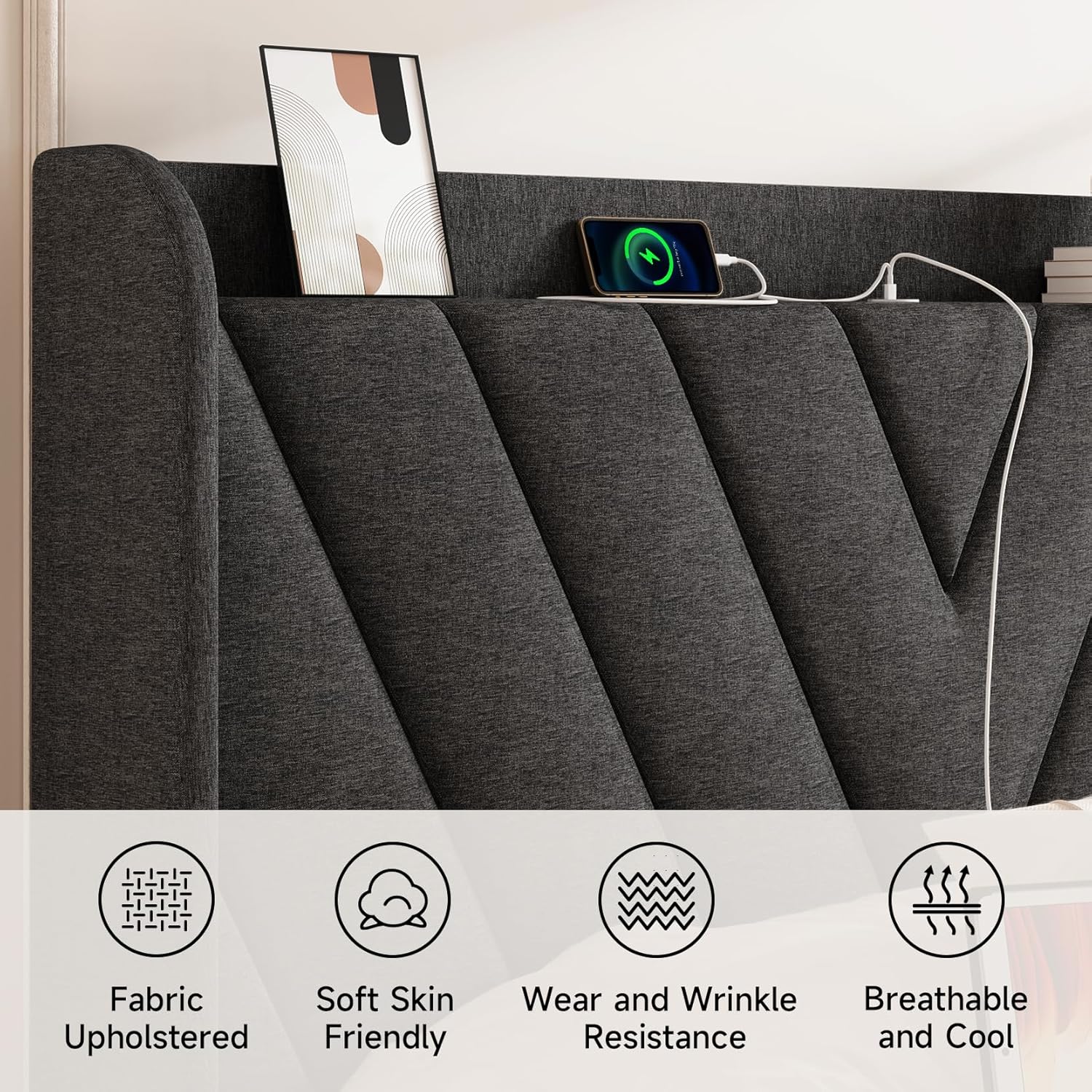 koorlian Queen Bed Frame with Headboard, Adjustable Upholstered Platform Bed Frame with Type-C&USB Ports, Wingback Storage Headboard, Solid Wood Slats Support, No Box Spring Needed, Dark Gray