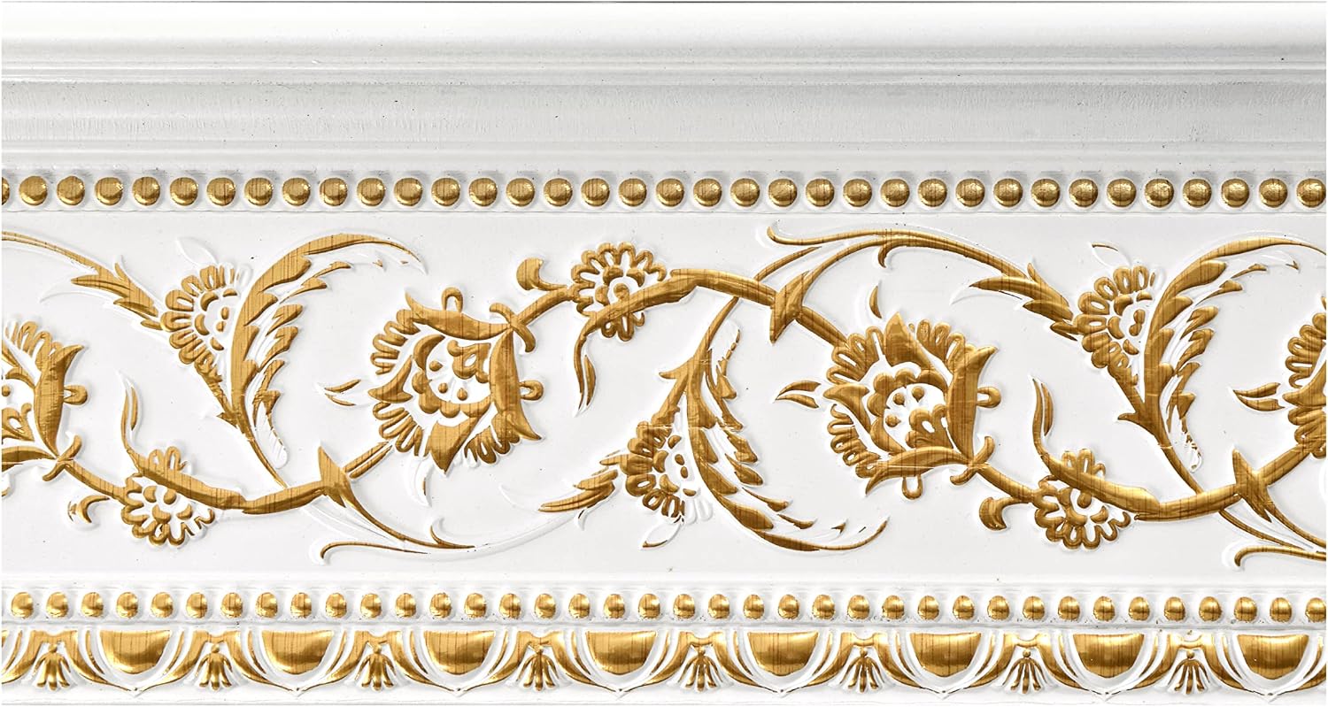 6-Piece Crown Molding Crown Decor Set, Molding Trim for Walls, 94 Inches, Gold Floral on French White