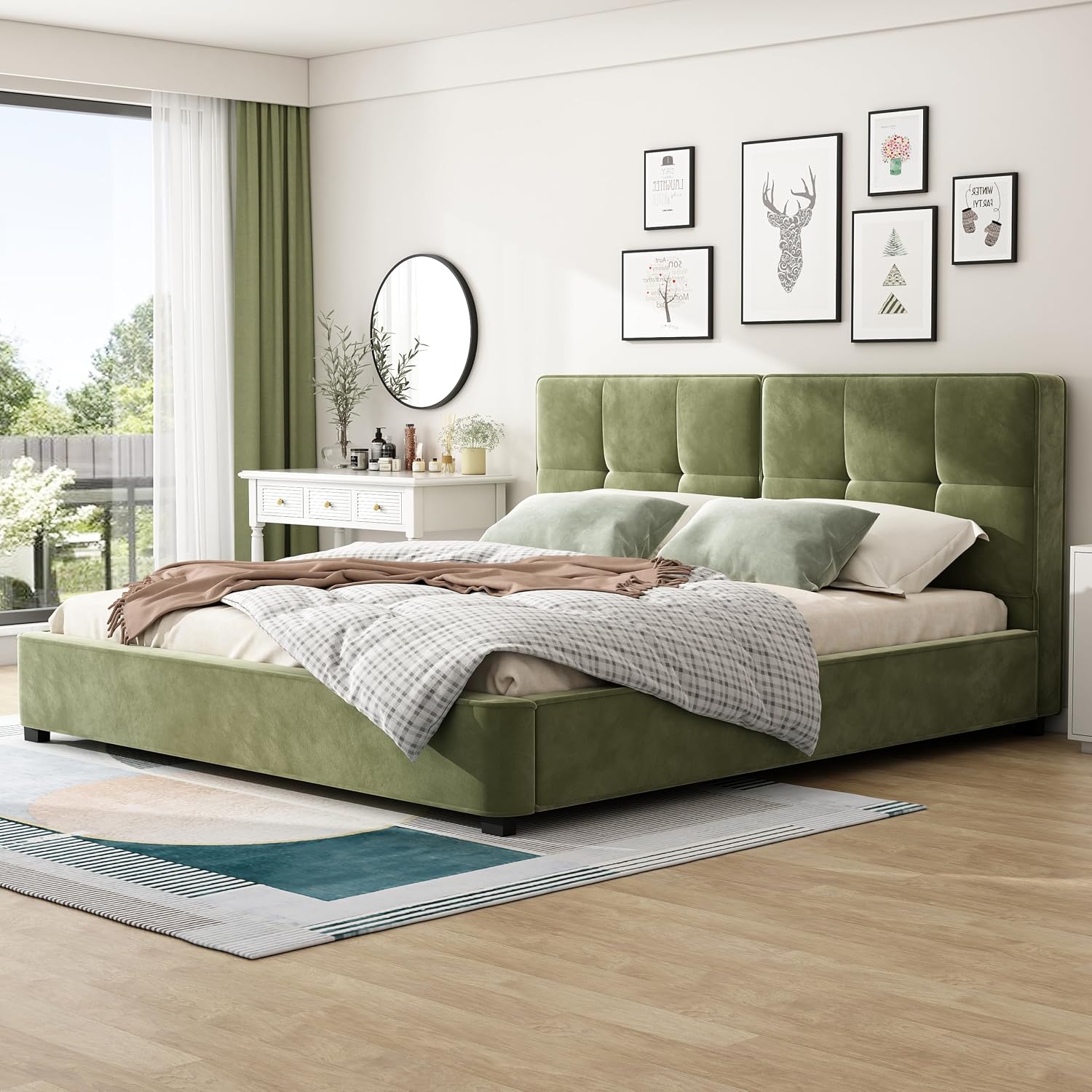 JIVOIT King Size Platform Bed, Velvet Upholstered Platform Bed with Curved Tufted Headboard, Soft Square Corners, Wood Slats Support, No Box Spring Needed