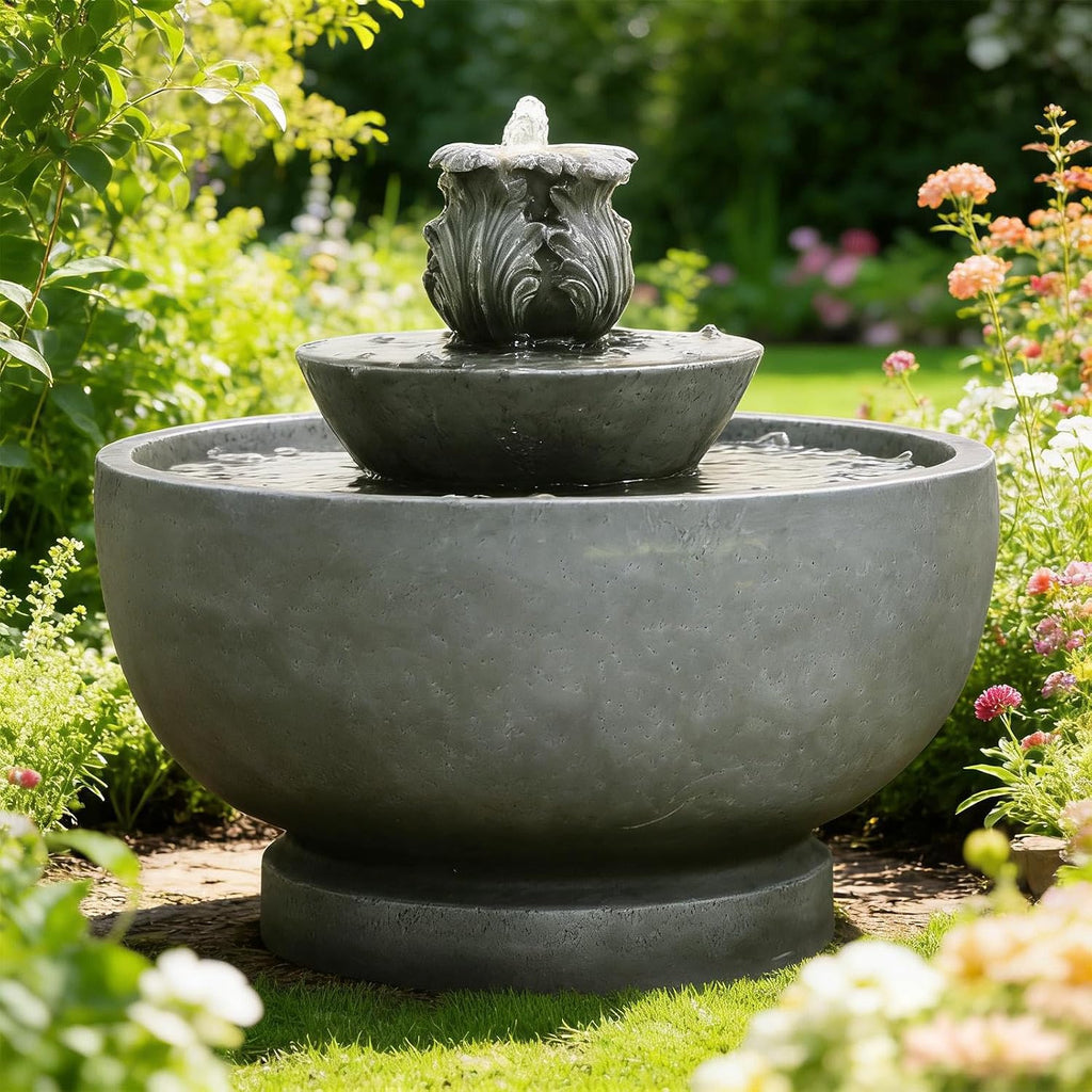 Sunlinua Small Modern Outdoor Water Fountain with Led Lights 3-Tiers Cascading Waterfall Feature with Quiet Pump Floor Water Fountain for Patio Garden Backyard Decking Home and Indoor Décor Gray