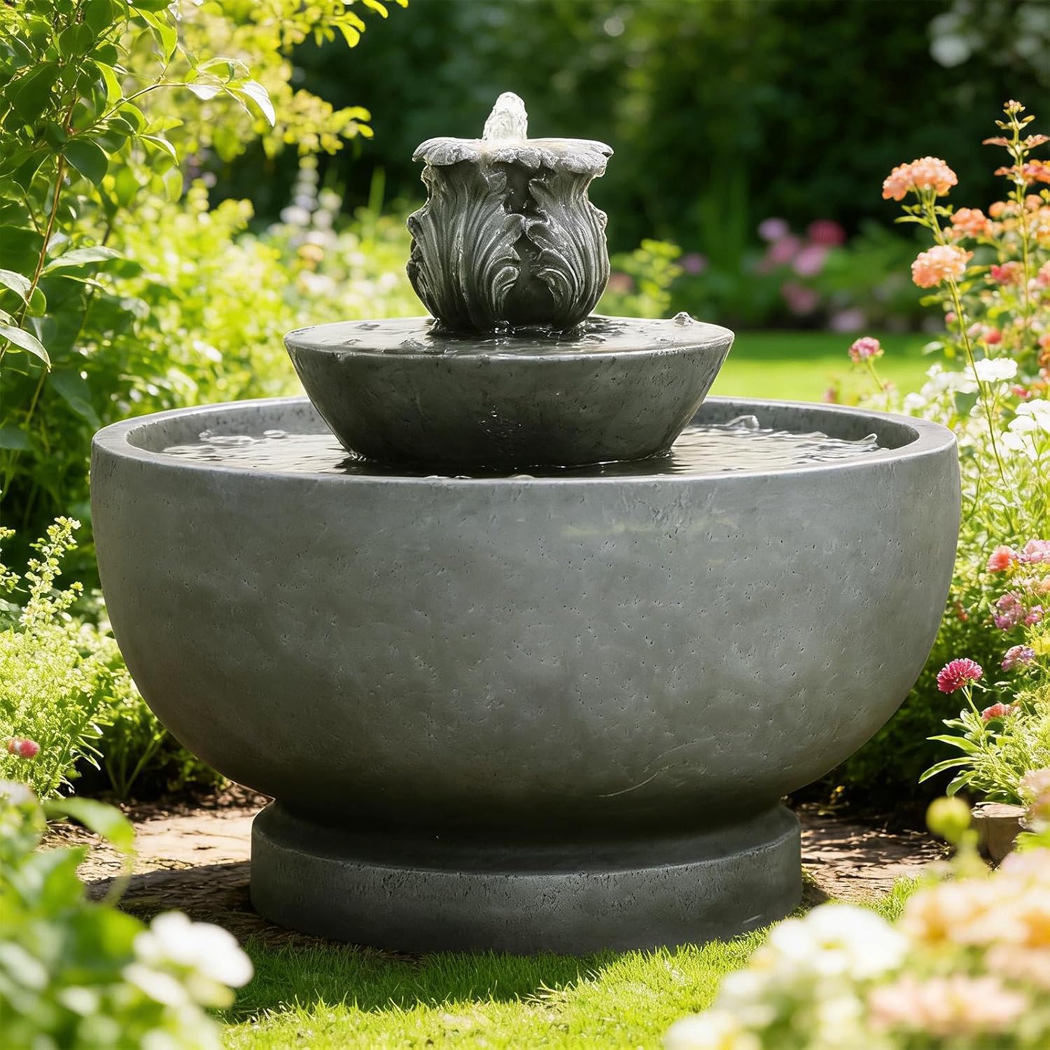 Sunlinua Small Modern Outdoor Water Fountain with Led Lights 3-Tiers Cascading Waterfall Feature with Quiet Pump Floor Water Fountain for Patio Garden Backyard Decking Home and Indoor Décor Gray