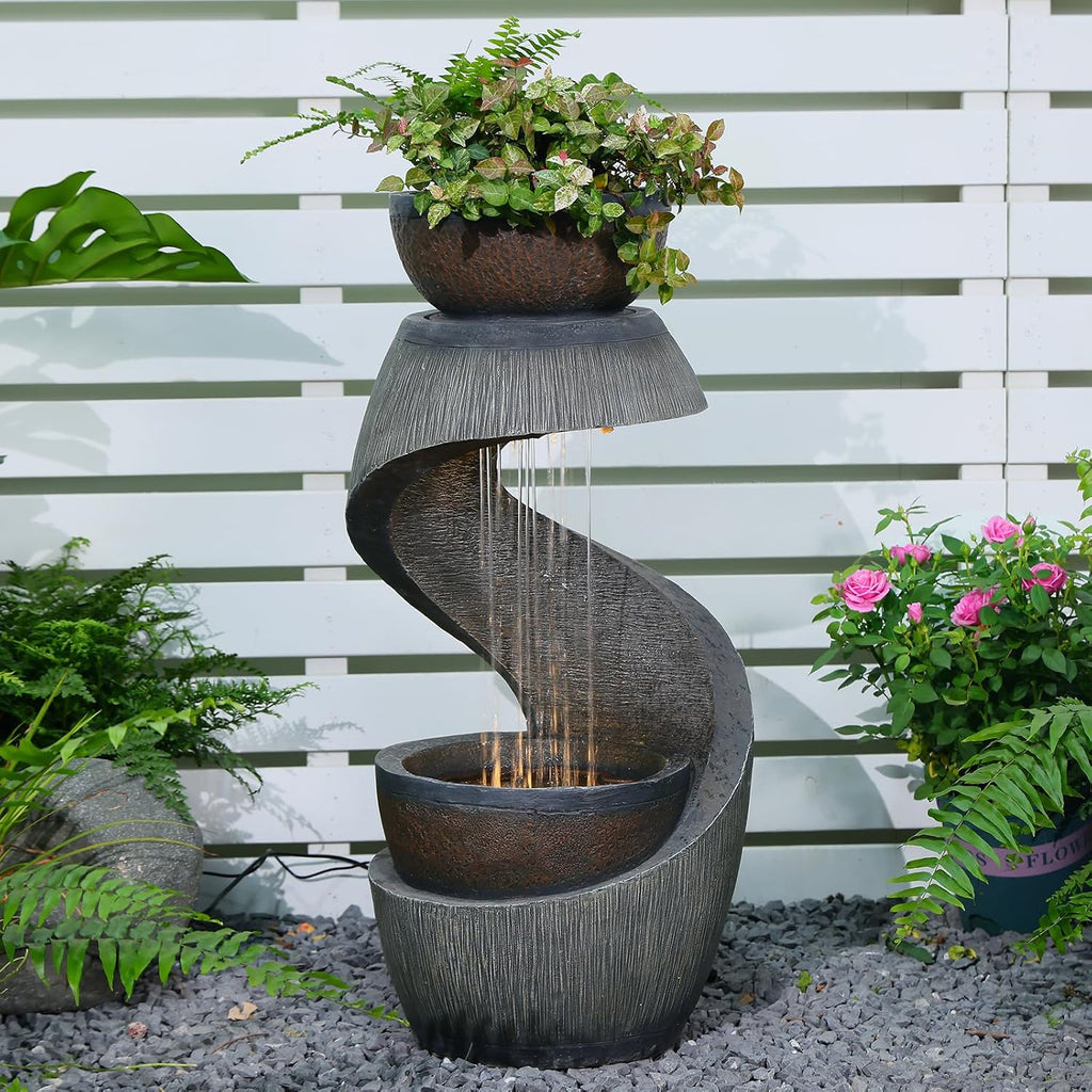 31.9' S-Shaped Outdoor Water Fountain with Lights – Resin Waterfall Fountain Outdoor with Planter Bowl, Modern Grey Garden Water Feature for Patio, Balcony, Yard, Home Decor