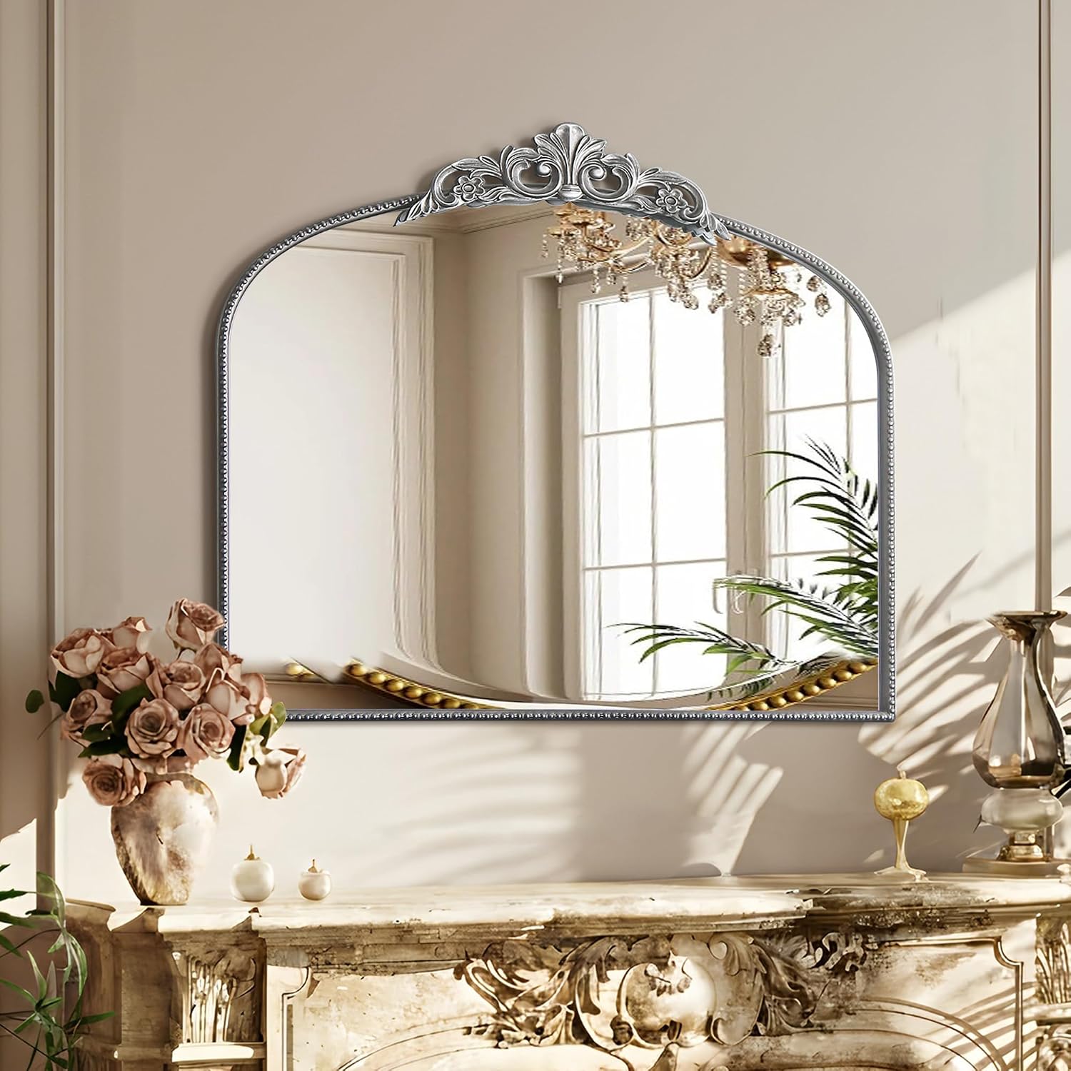Micasso Vintage Silver Arched Mirror: 36'x29' French Baroque Antique Wall Mounted Mirror - Traditional Ornate Decorative for Wall/Fireplace/Entryway/Bathroom/Hallway - Home Decor for Living Room