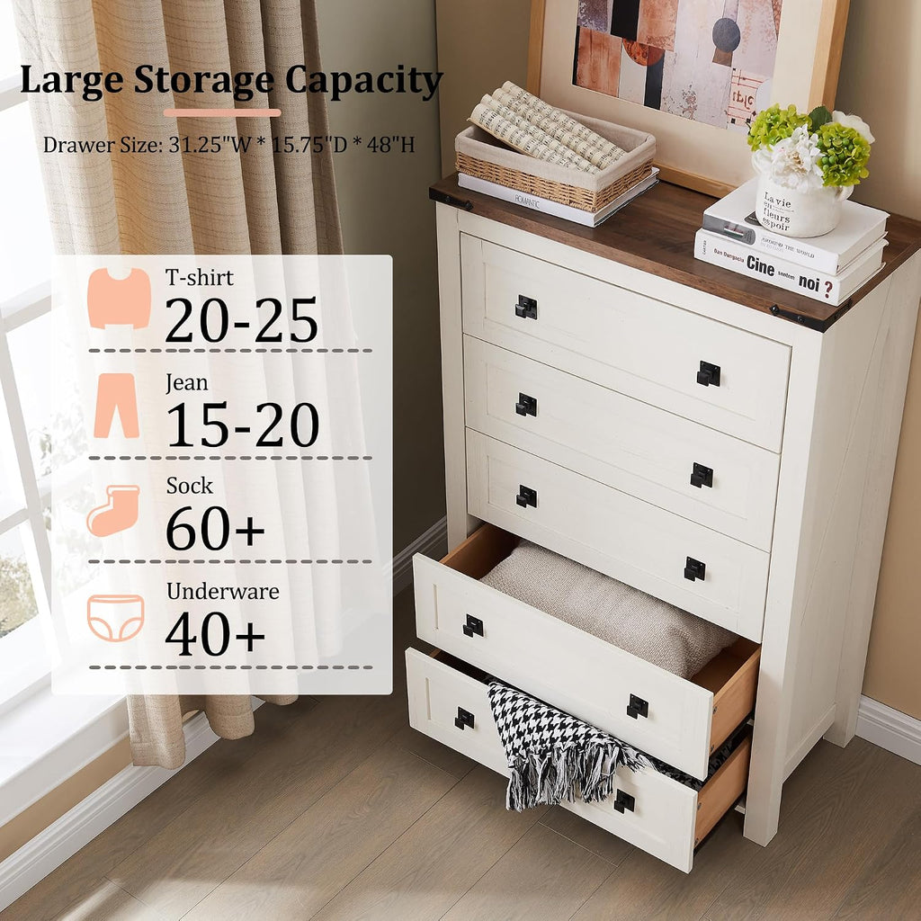 RedLemon Farmhouse 5 Drawer Dresser, 48' Tall Rustic Chest of Drawers, Wood Dresser for Bedroom, Living Room, Hallway, Antique White