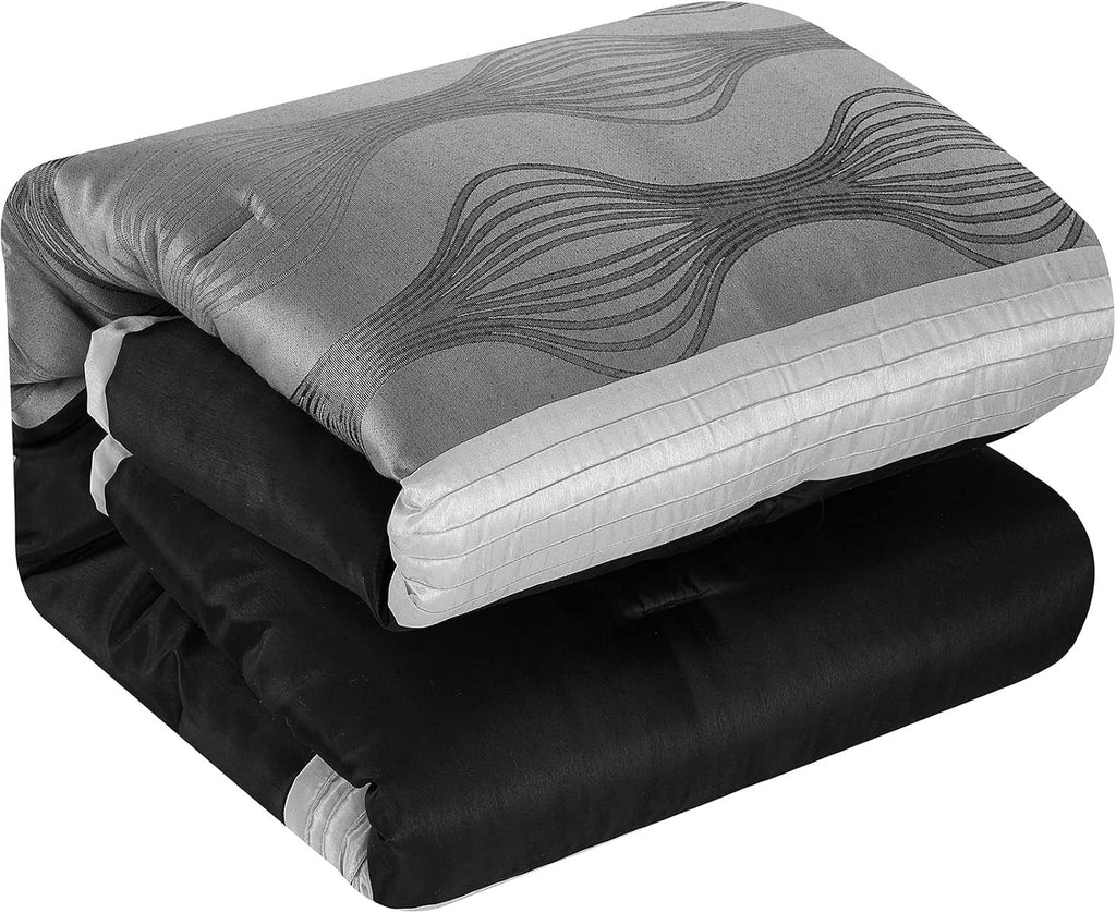 Stratford Park Black and Silver Comforter Set King Size, Elegant 7 Pieces Striped All Season Bedding Set