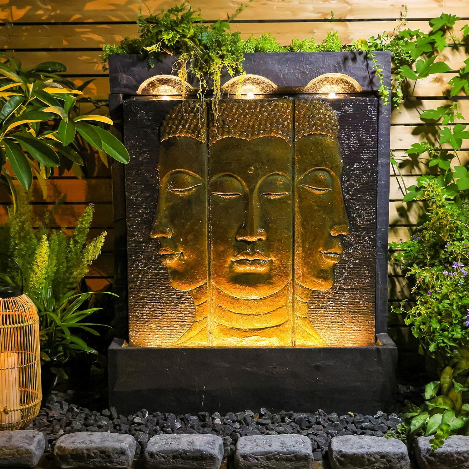 Tankana Zen Buddha Outdoor Fountain - Large Indoor Water Fountains Waterfall with Planting Groove Wall Water Feature for Garden Patio Backyard Deck Lawn Home Decor, 45 inchesTall, Gold