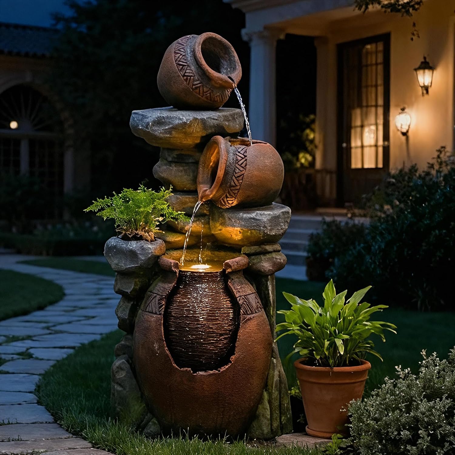 Bumilgar Outdoor Garden Water Fountain for Garden, Patio, Backyard, Deck, Porch and Home Art Decor, 3 Tiers Modern Cascading Outdoor Fountain with Lights 38.4' H
