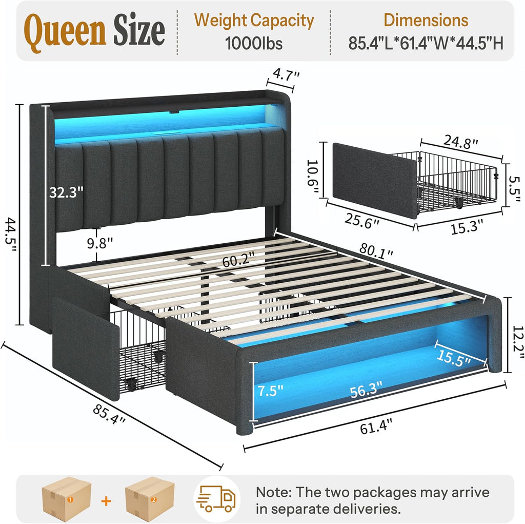 ChicZhiNest Queen Size Platform Bed Frame with Charging Station, LED Storage Headboard with 2-Tier Shelves and Drawers on Wheels, Strong Wooden Slats & Large Footboard Cubbies, Noise Free, Dark Gray