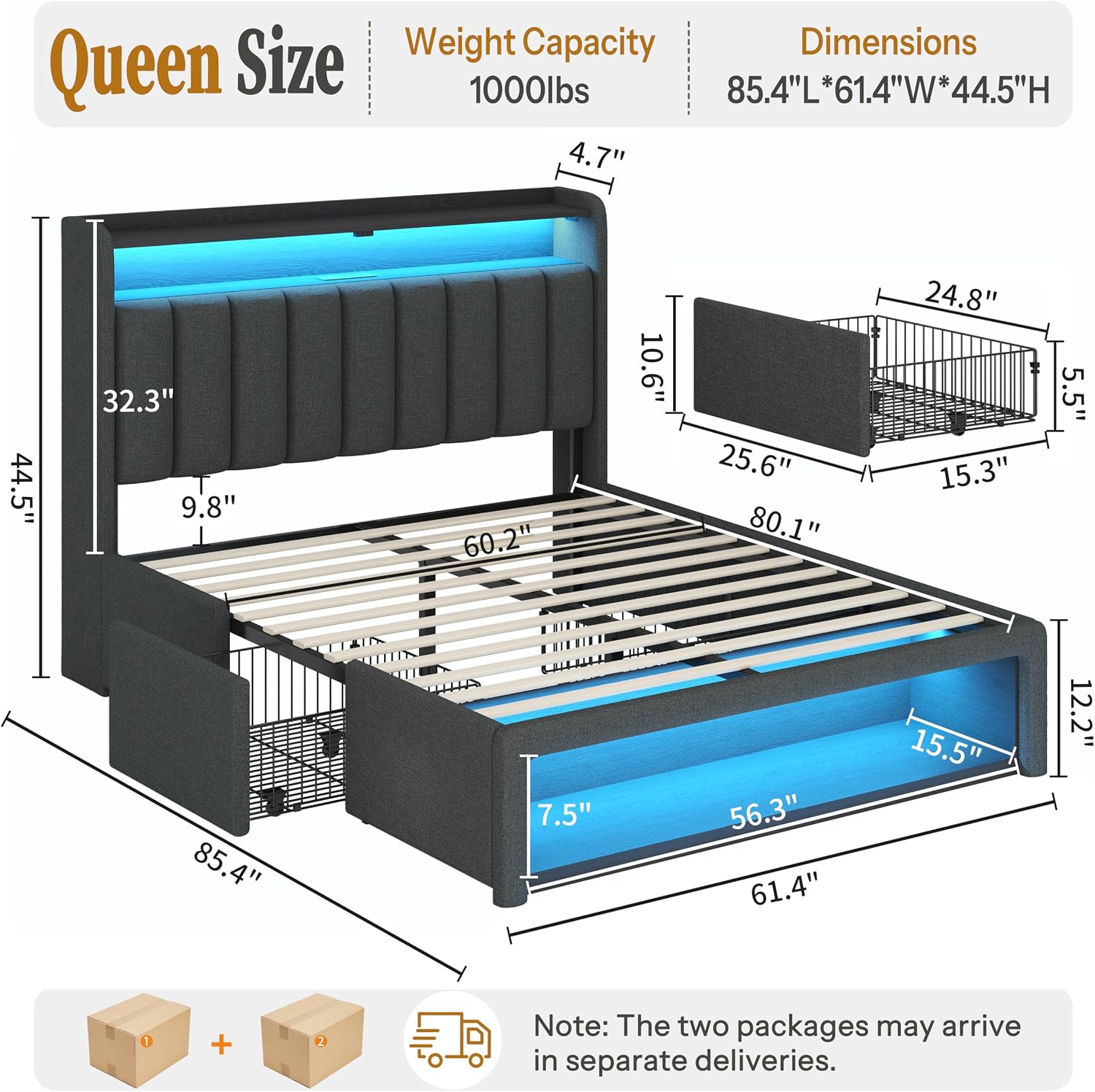 ChicZhiNest Queen Size Platform Bed Frame with Charging Station, LED Storage Headboard with 2-Tier Shelves and Drawers on Wheels, Strong Wooden Slats & Large Footboard Cubbies, Noise Free, Dark Gray