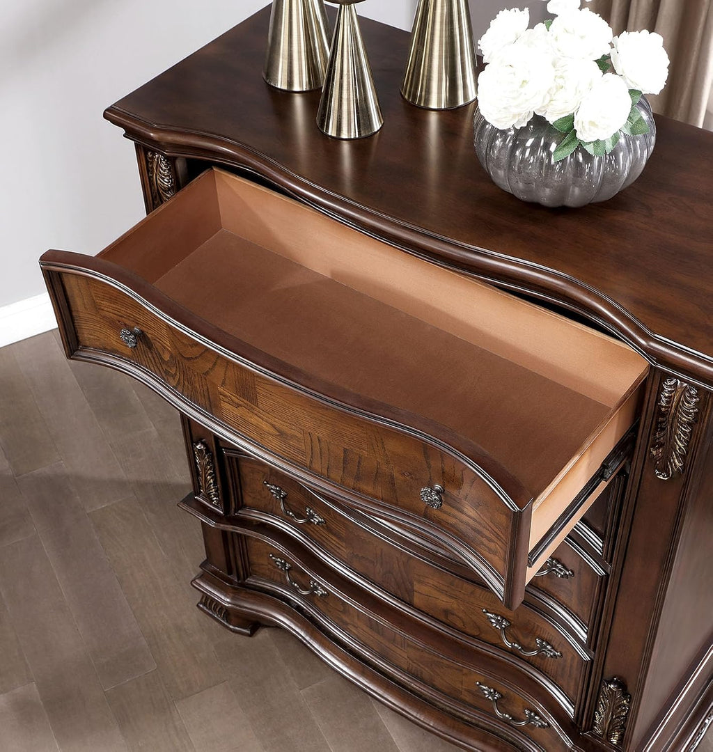 MASARA 4-Piece Traditional Queen Bedroom Set in Brown Cherry Finish, Engineered Leatherette, Marble, Polyresin, Solid Wood, Others