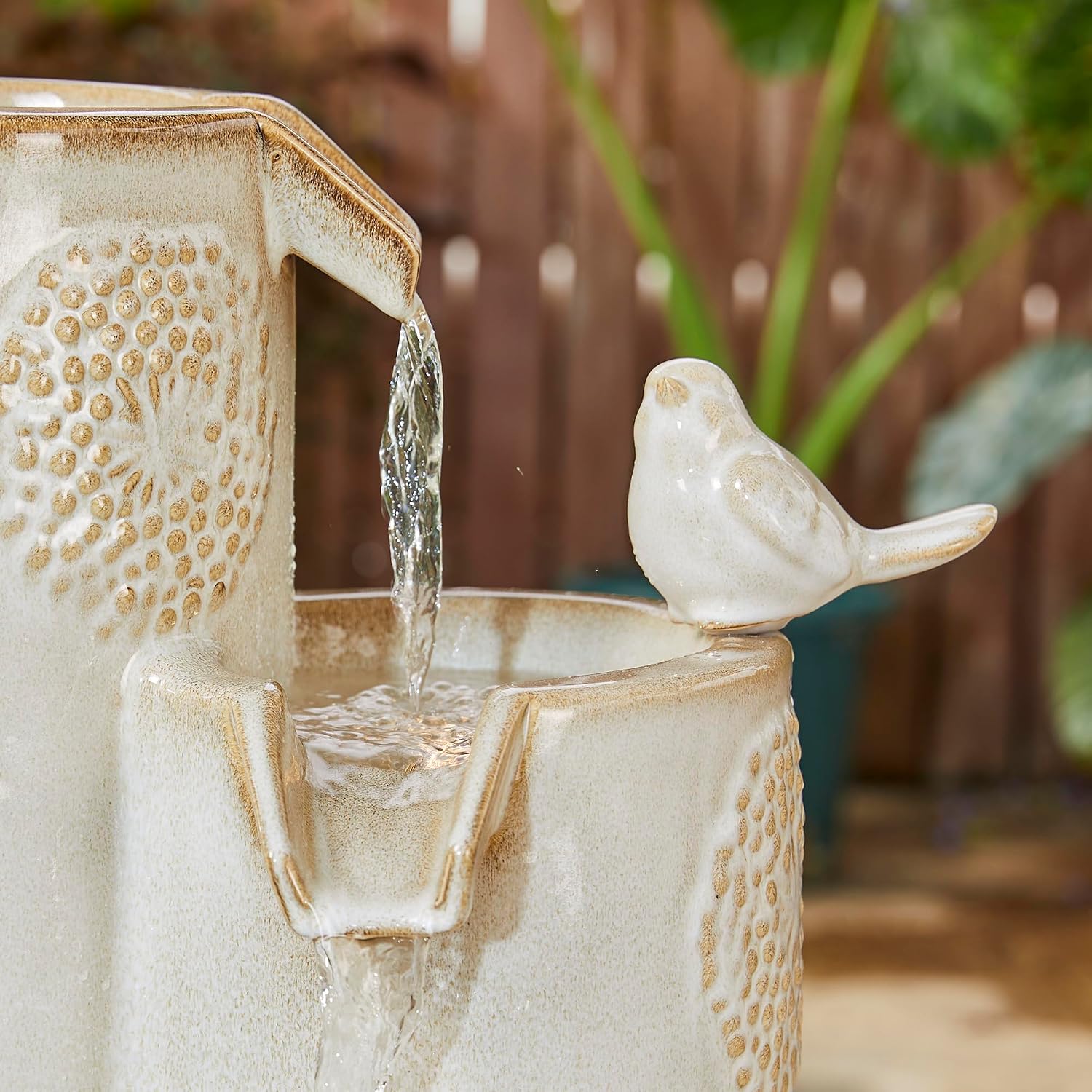 Glitzhome Water Fountain Outdoor with LED Lights, 4-Tier Vase Shaped Ceramic Outdoor Fountain, Dandelion Glaze Water Fountains Feature for Garden Backyard Patio, Sand Beige, 31.7'H