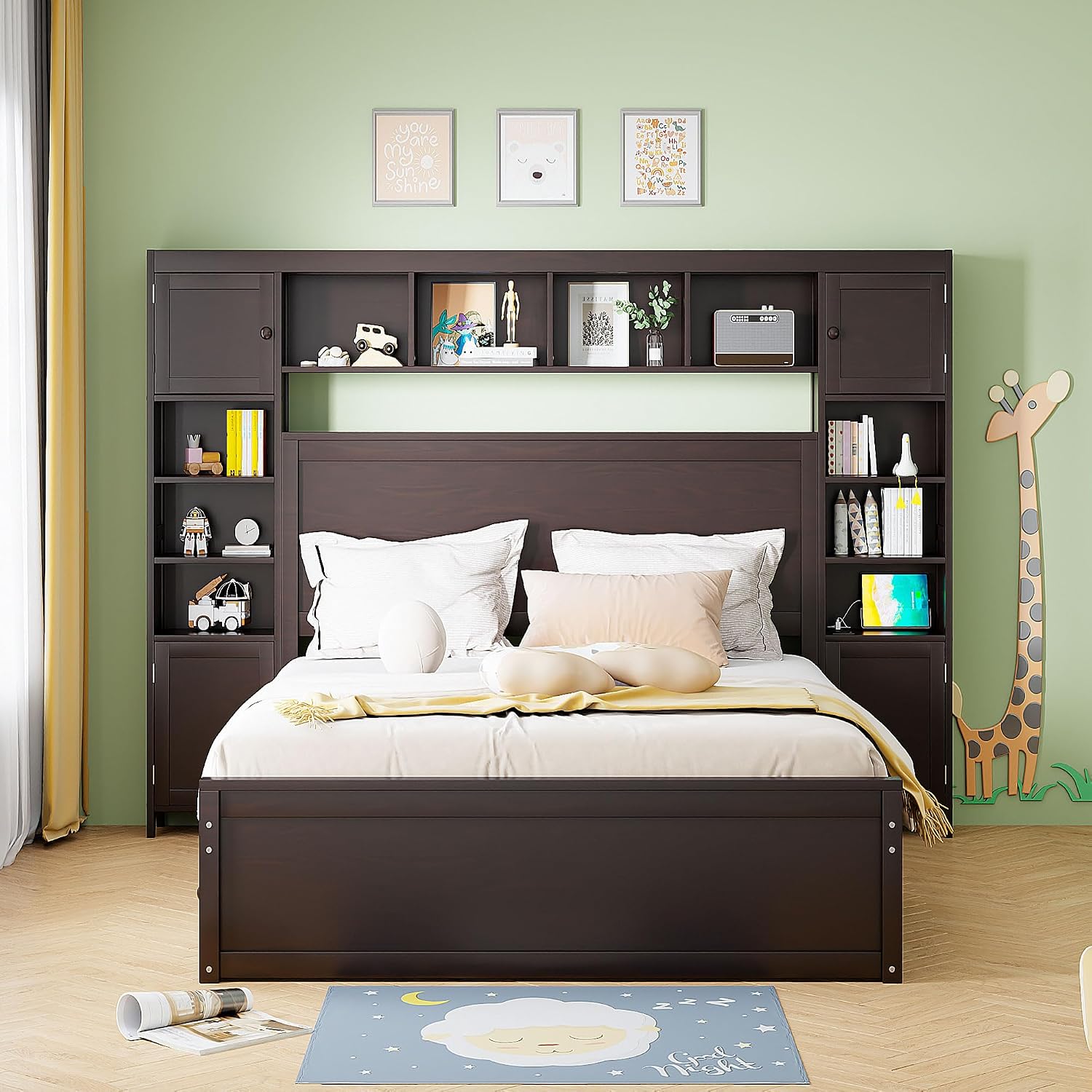 Queen Platform Bed with All-in-One Cabinet, Shelf and Sockets, Wood Queen Beds with 2 Storage Drawers and Trundle, Queen Size Bed Frame for Bed Room, No Box Spring Needed,Espresso
